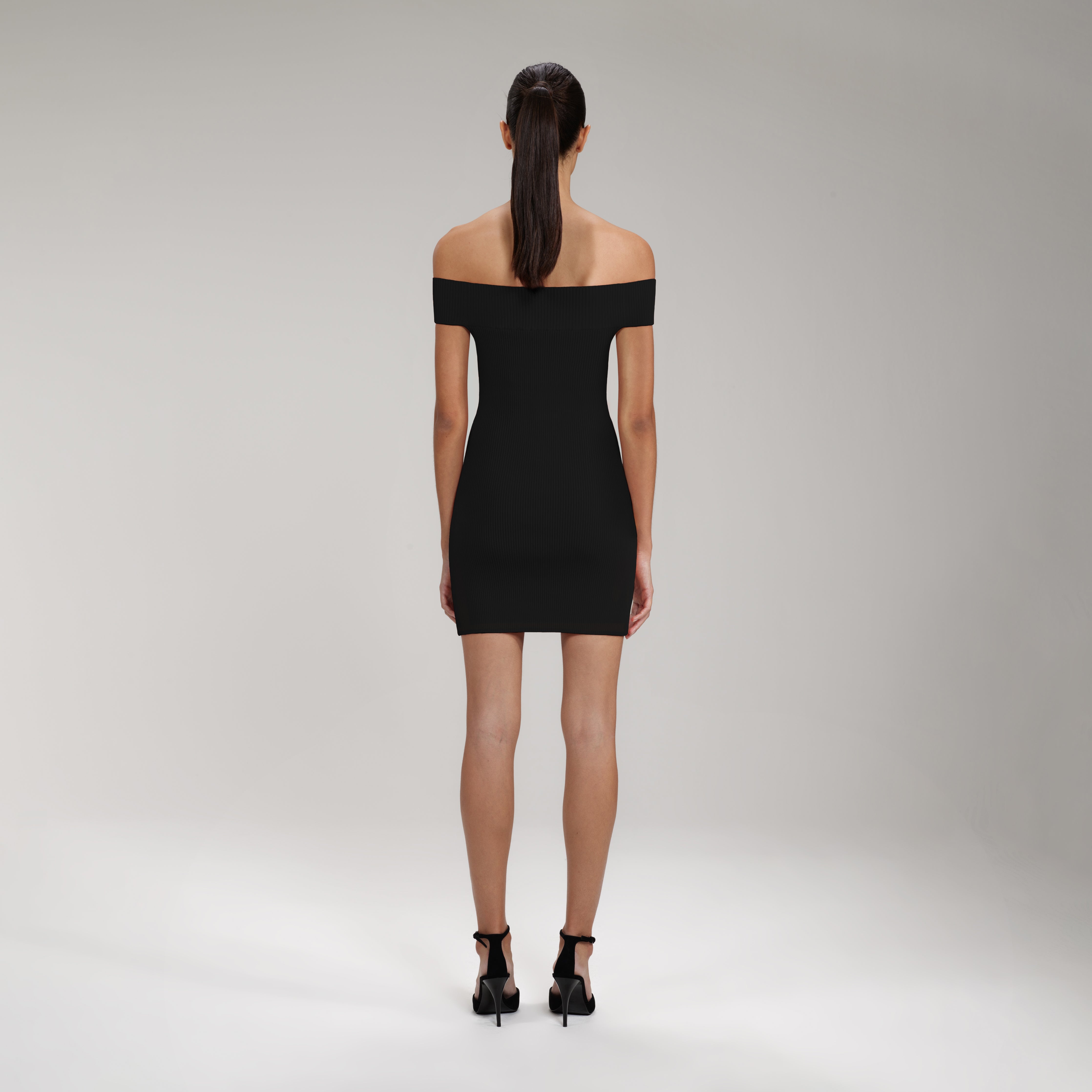 Black Inserted Lace Ribbed Knit Mini Dress - 3