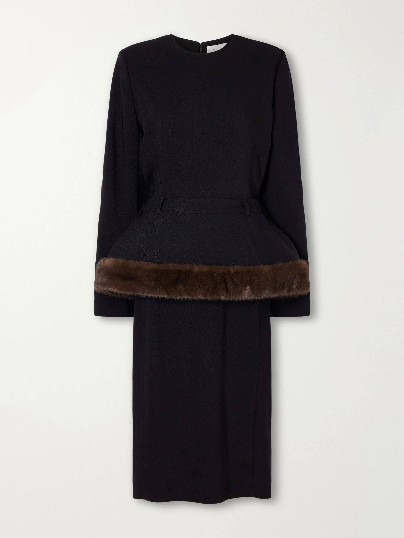 Plush-trimmed crepe midi dress Black - 1