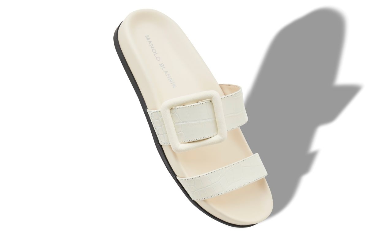 White Calf Leather Buckle Detail Flat Mules - 2