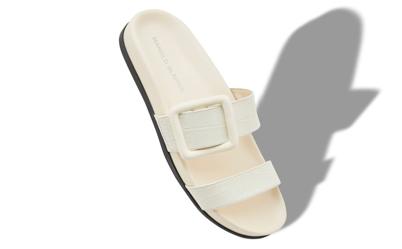 Manolo Blahnik White Calf Leather Buckle Detail Flat Mules outlook