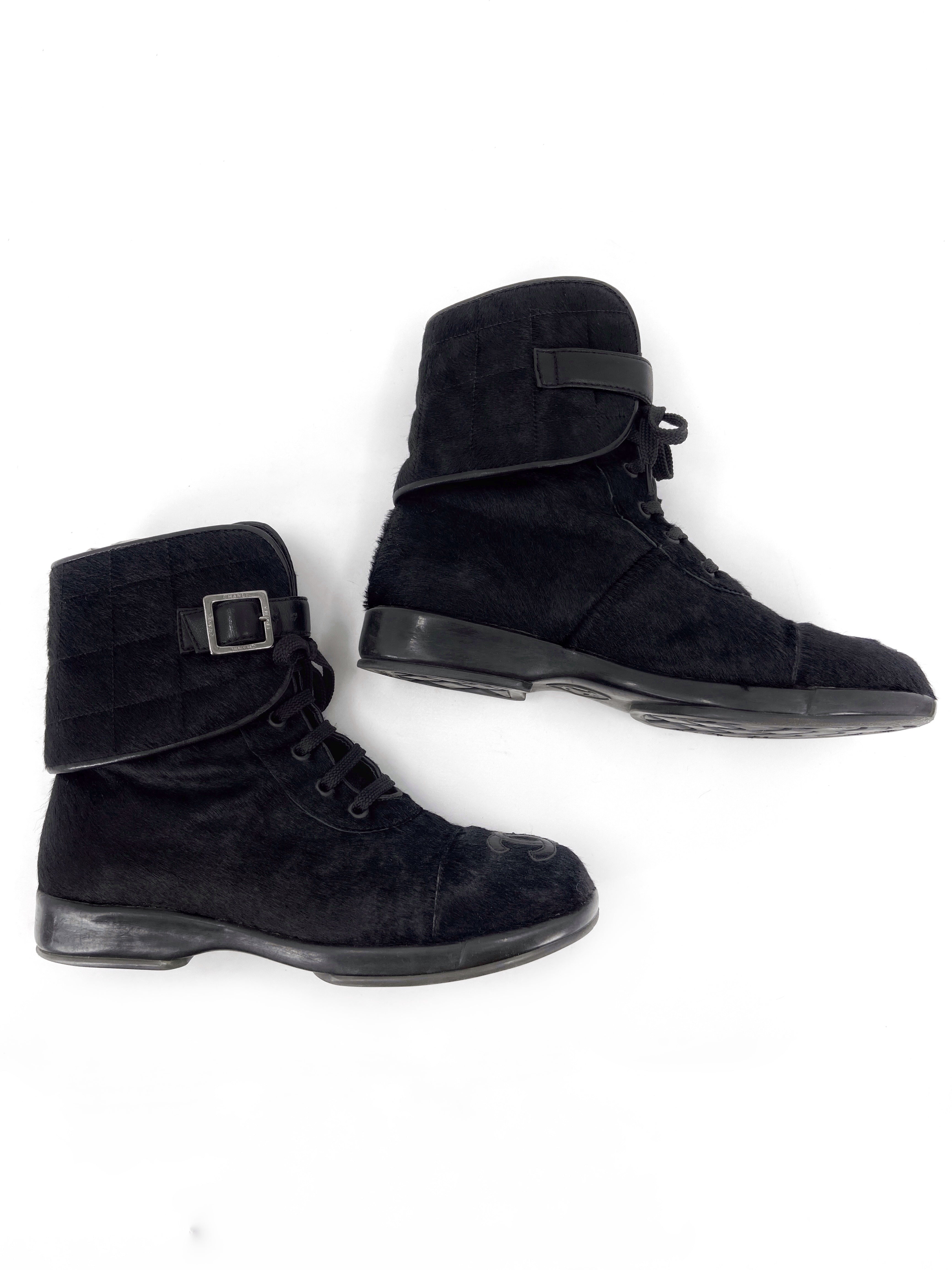 Chanel Fall 2000 Karl Lagerfeld Pony hair Calfskin Logo Quilted Combat boot 38 - 3