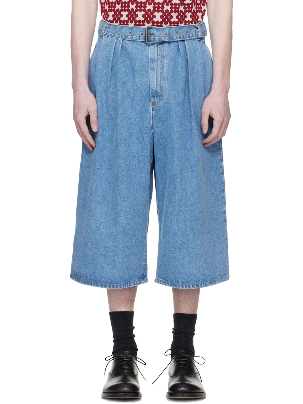 Blue Pleated Denim Shorts - 1