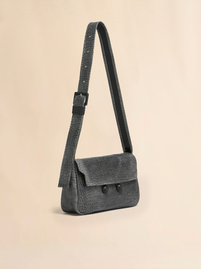 BLACK CROCODILE PRINT LEATHER MEDIUM TRUNKAROO HANDBAG 5