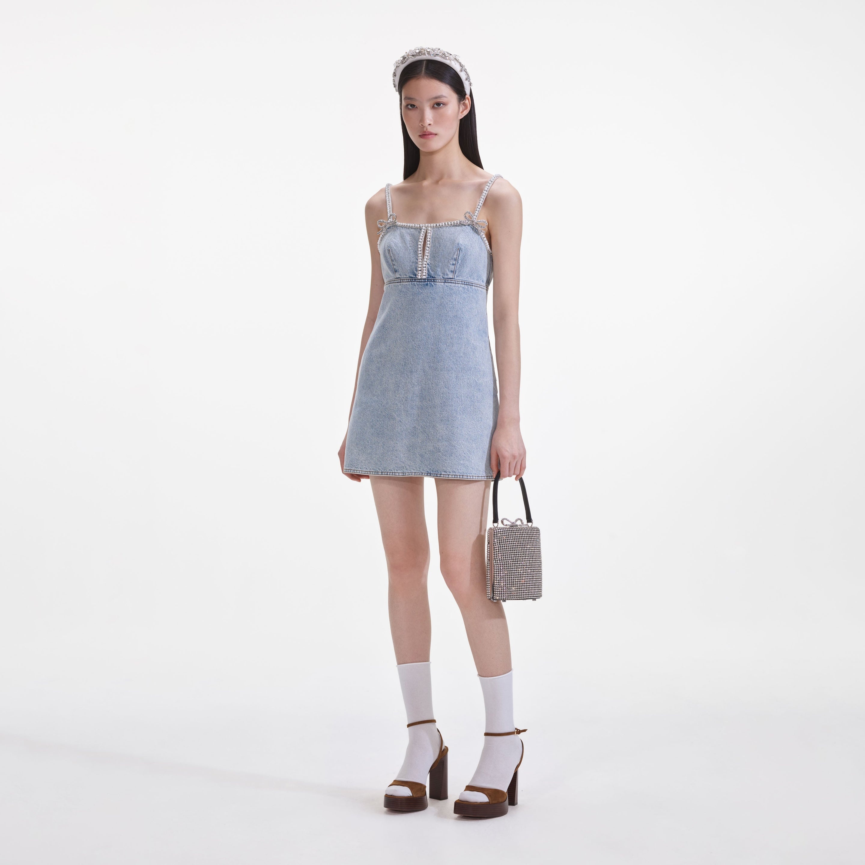Light Blue Denim Pearl Mini Dress - 2