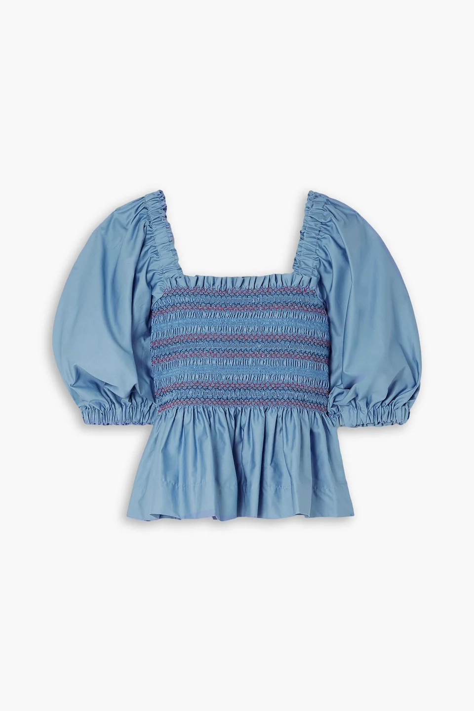 Marigold embroidered shirred cotton-satin top - 1