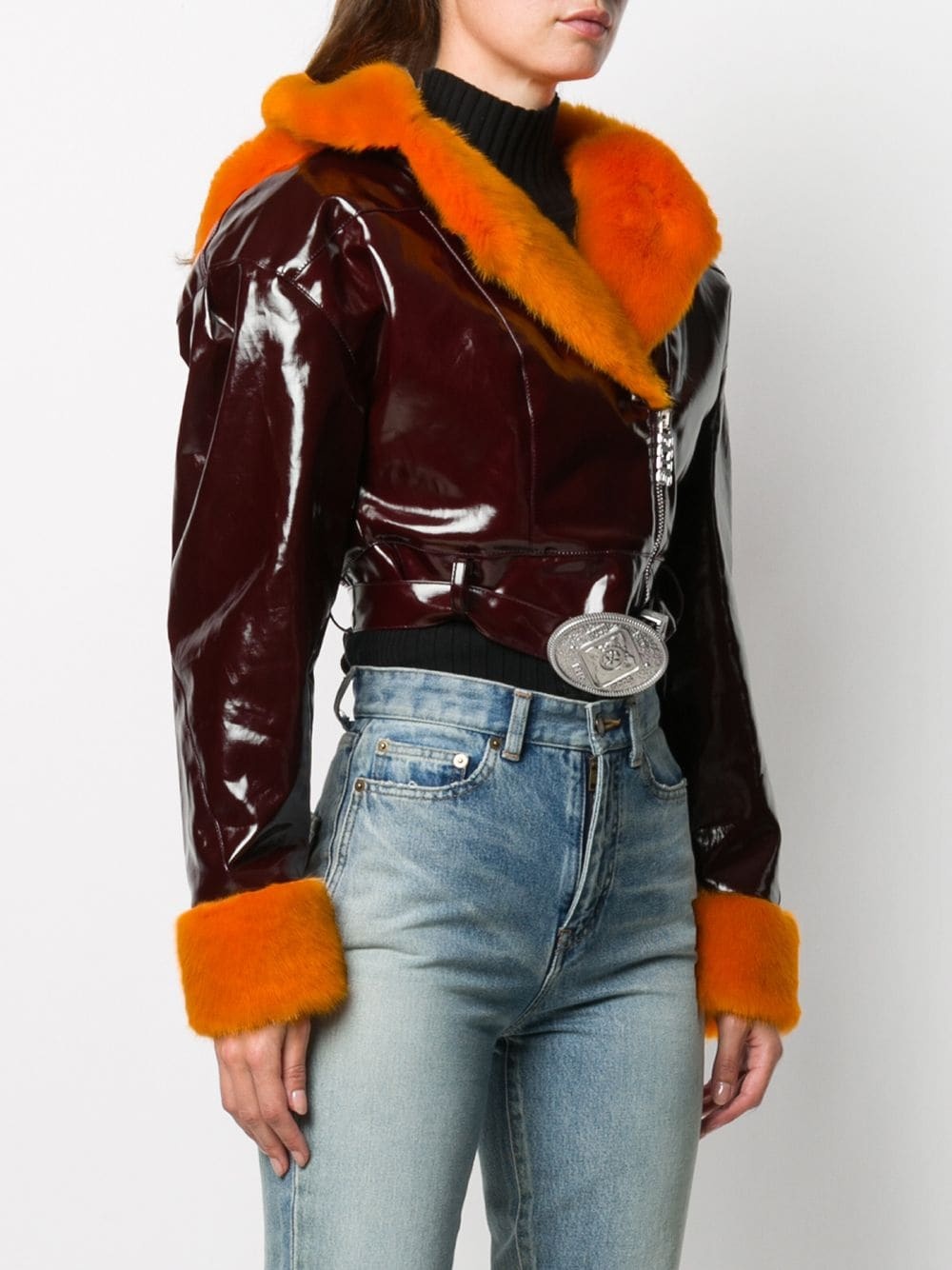 faux-fur cropped biker jacket - 3