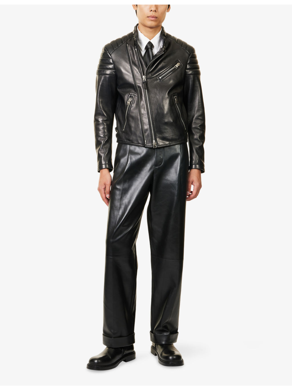 Panelled Zipped Leather Biker Jacket - 2