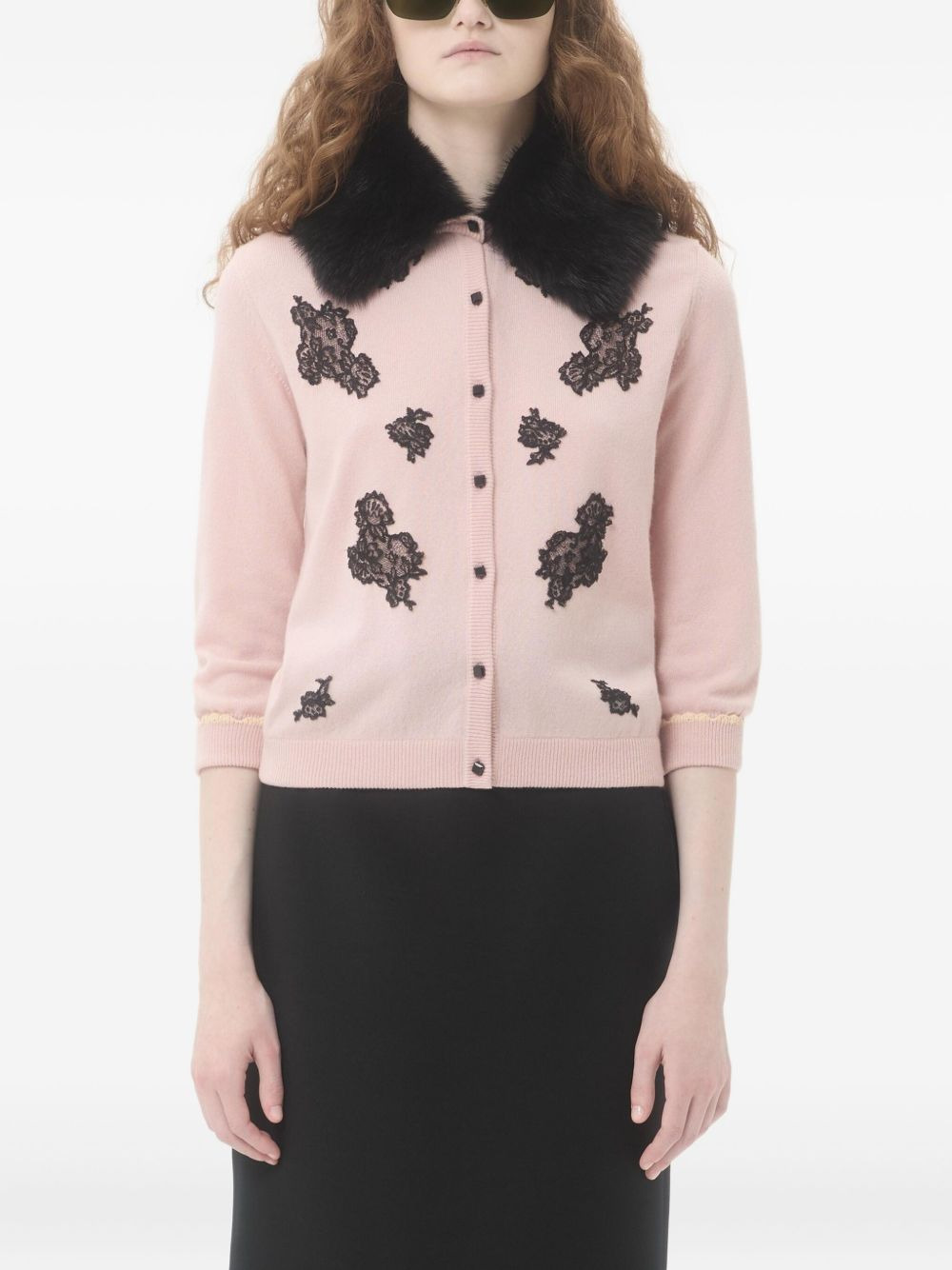 lace-embellished shearling-collar cardigan - 3