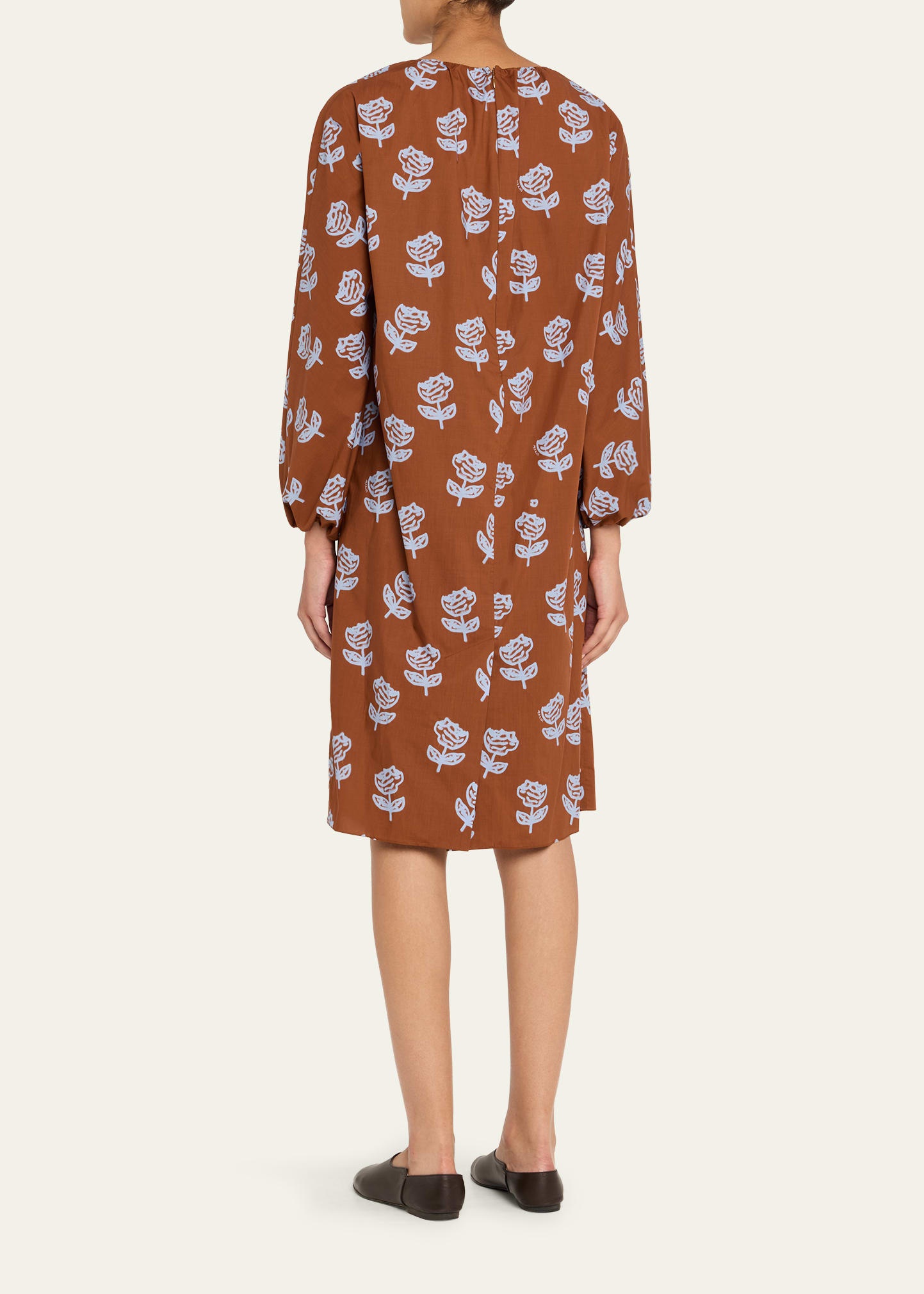 Floral Gathered-Neck Long-Sleeve Midi Dress - 3