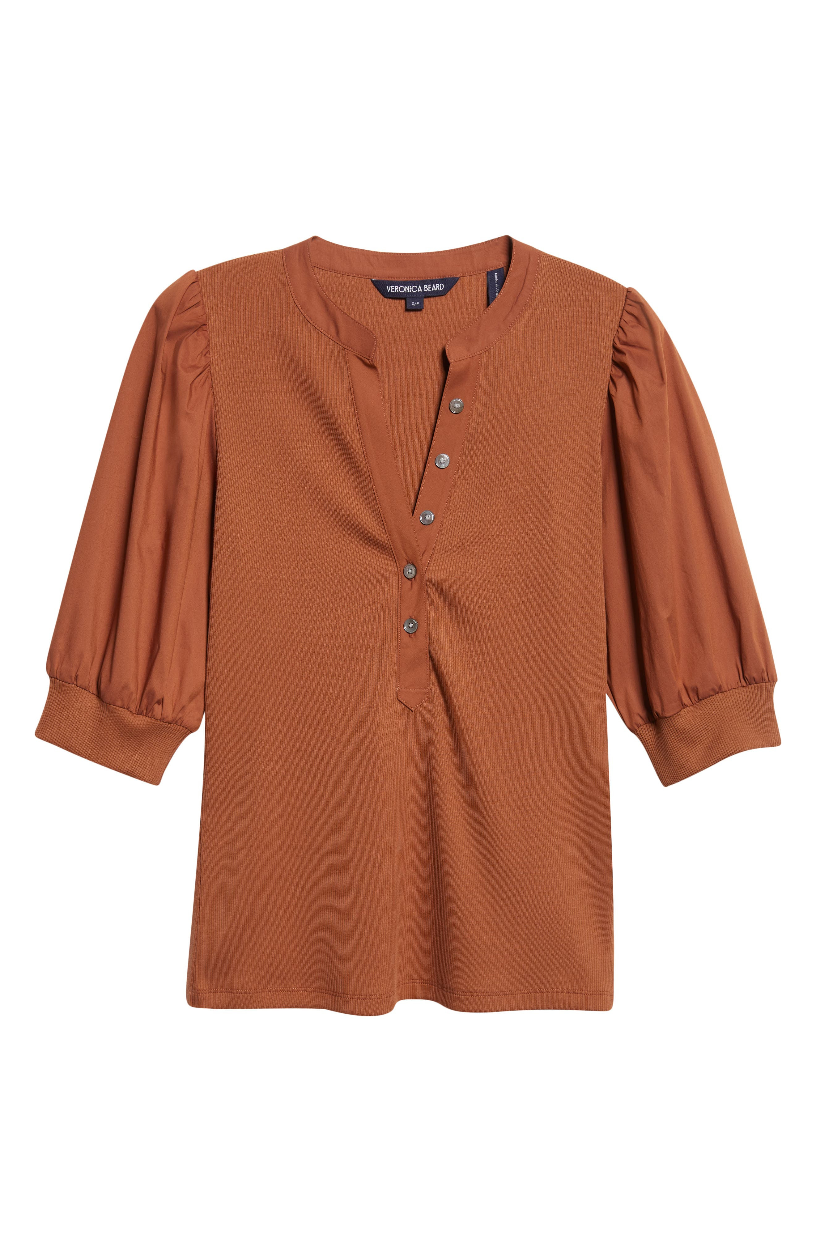 Veronica Beard Coralee Puff Sleeve Mixed Media Henley Top in Mahogany at Nordstrom - 5