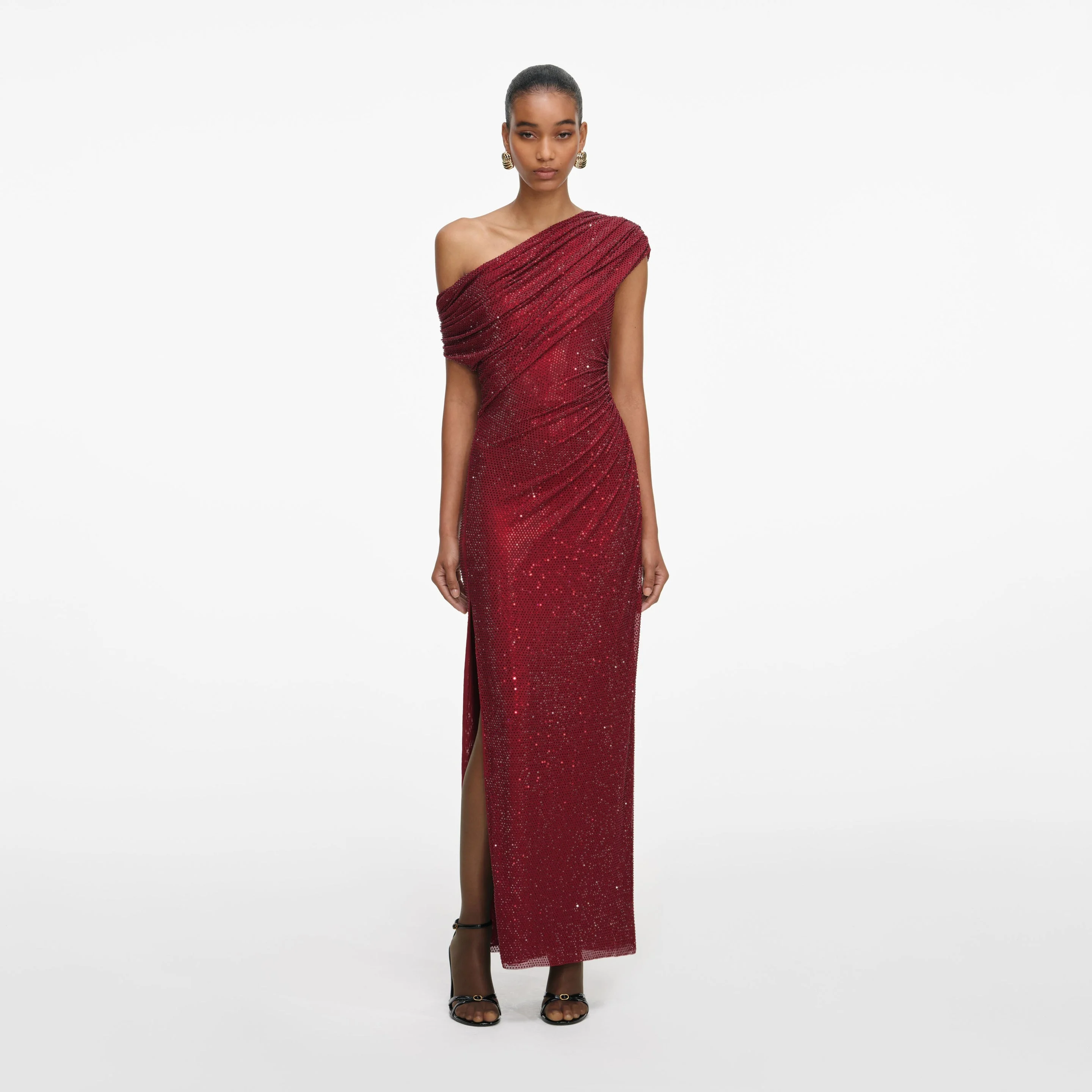 Burgundy Rhinestone Drape Midi Dress - 1