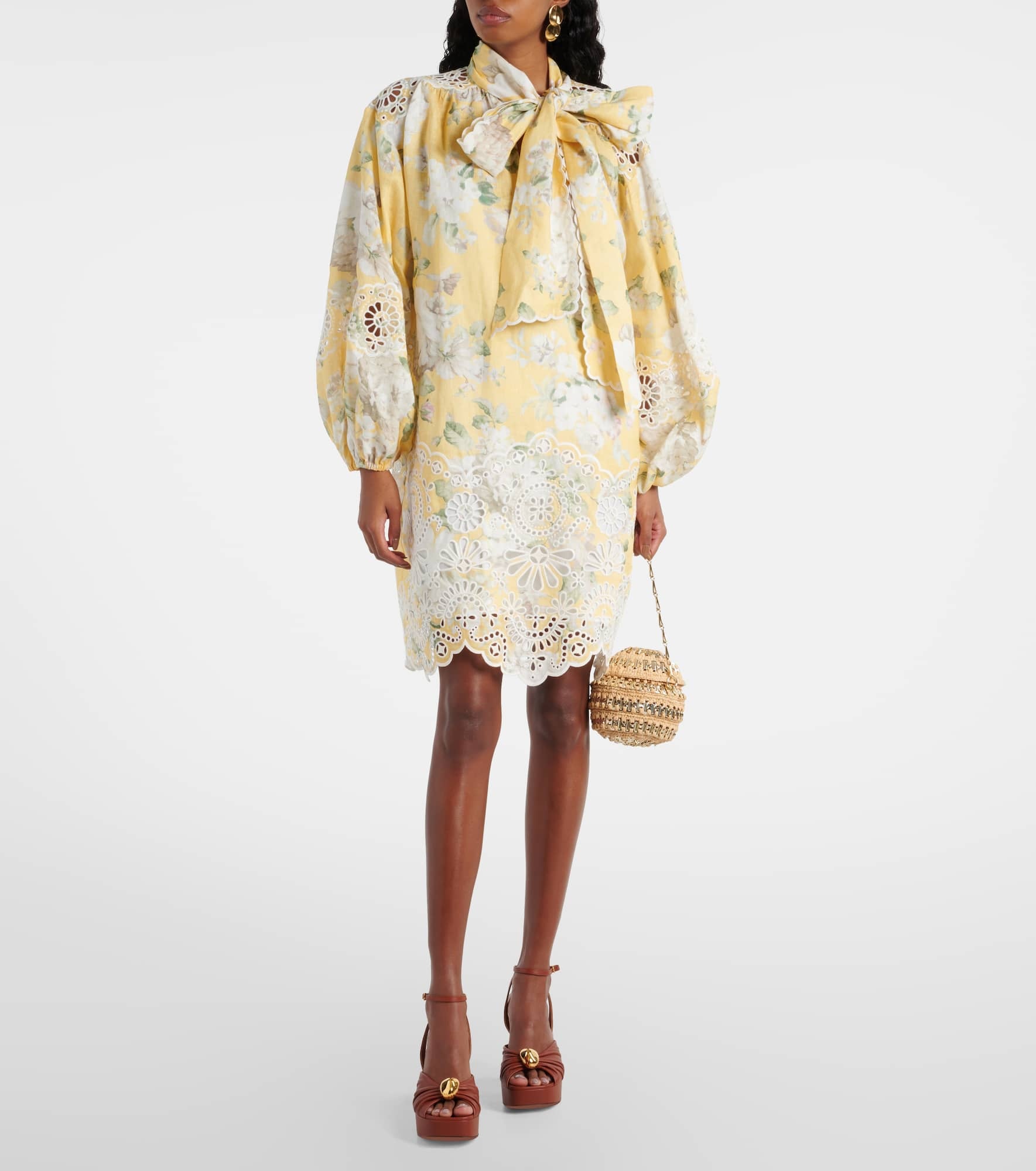 【Zimmermann】Acacia Broderie Tie floral linen minidress ZIMMERMANN Acacia Tie-Neck Broderie Anglaise-Trimmed Floral