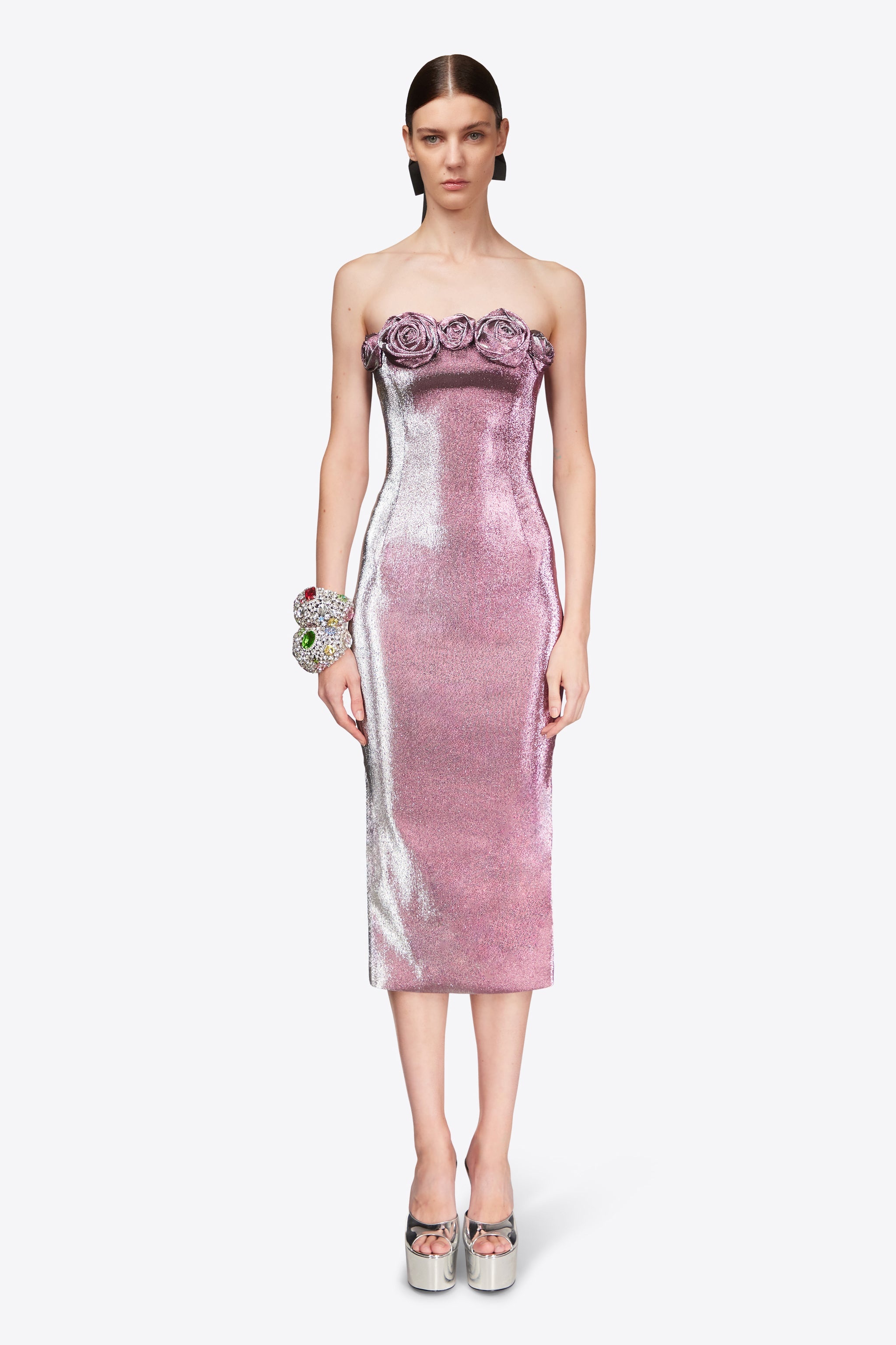 STRETCH LAME ROSETTE MIDI DRESS - 4