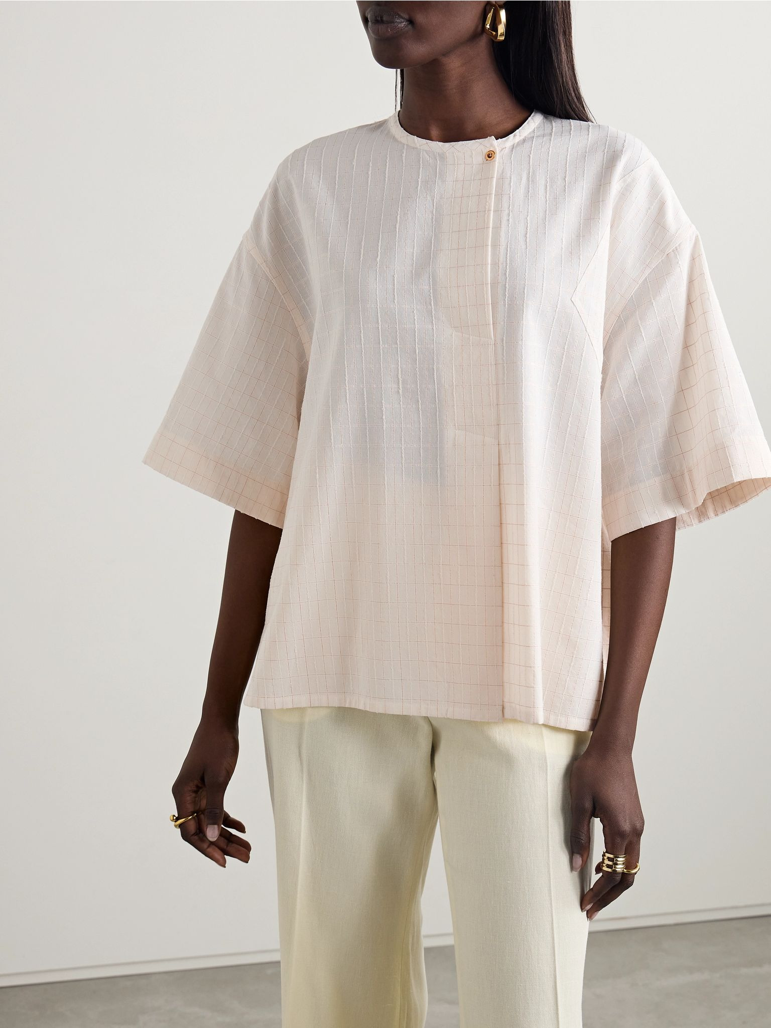 Checked metallic cotton-blend voile blouse White - 3