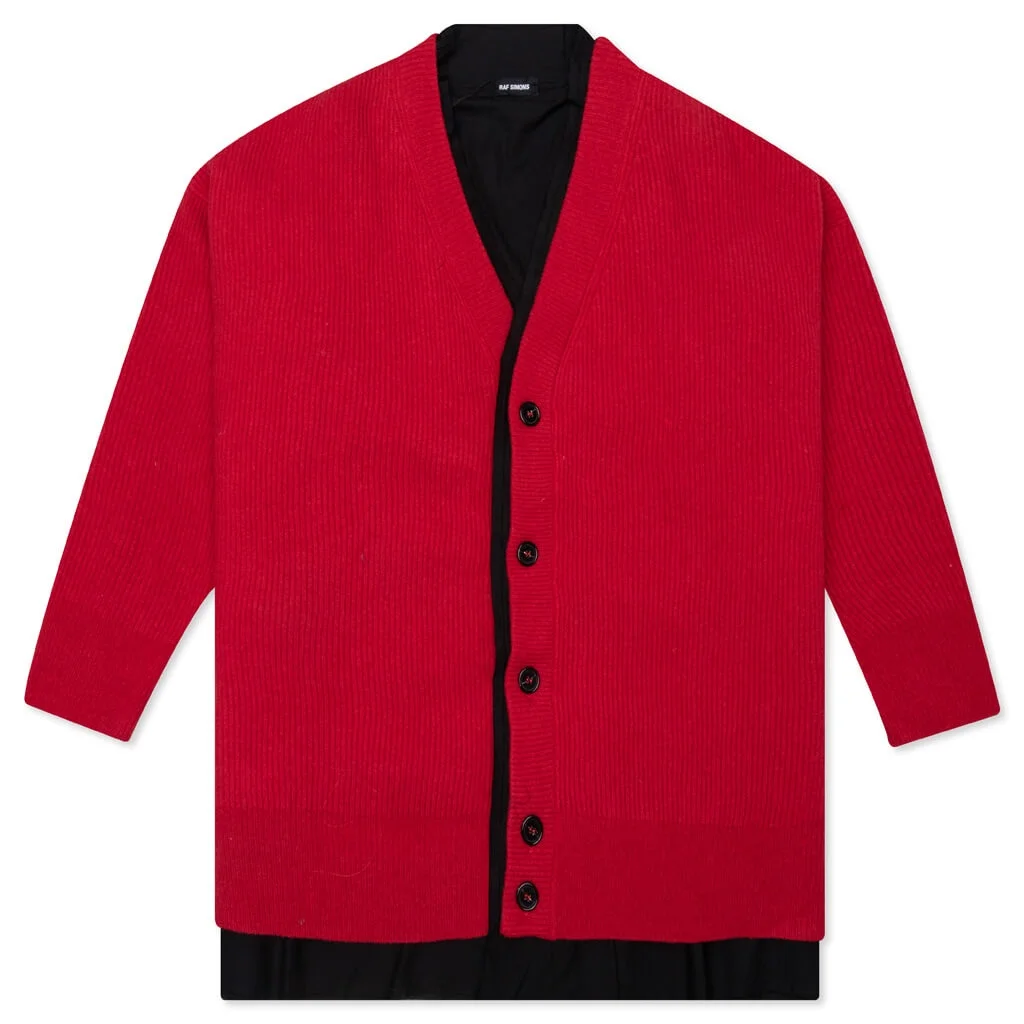 RAF SIMONS BIG RIBBED KNIT CARDIGAN WITH FABRIC LINING - RED - 1