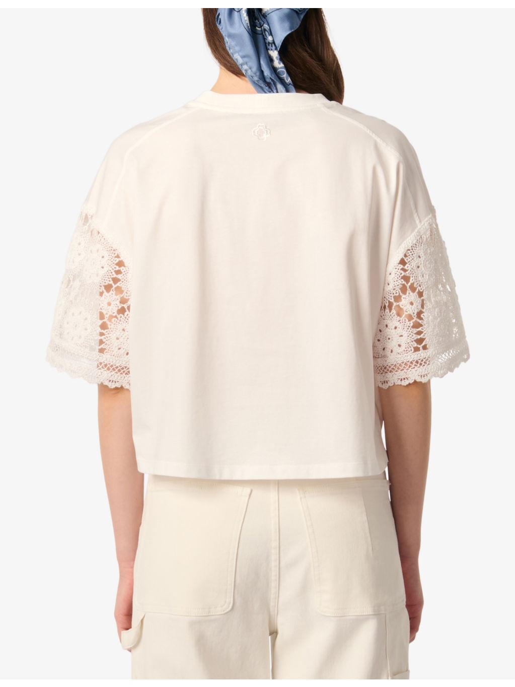Crochet-Sleeve Round-Neck Cotton T-Shirt - 4