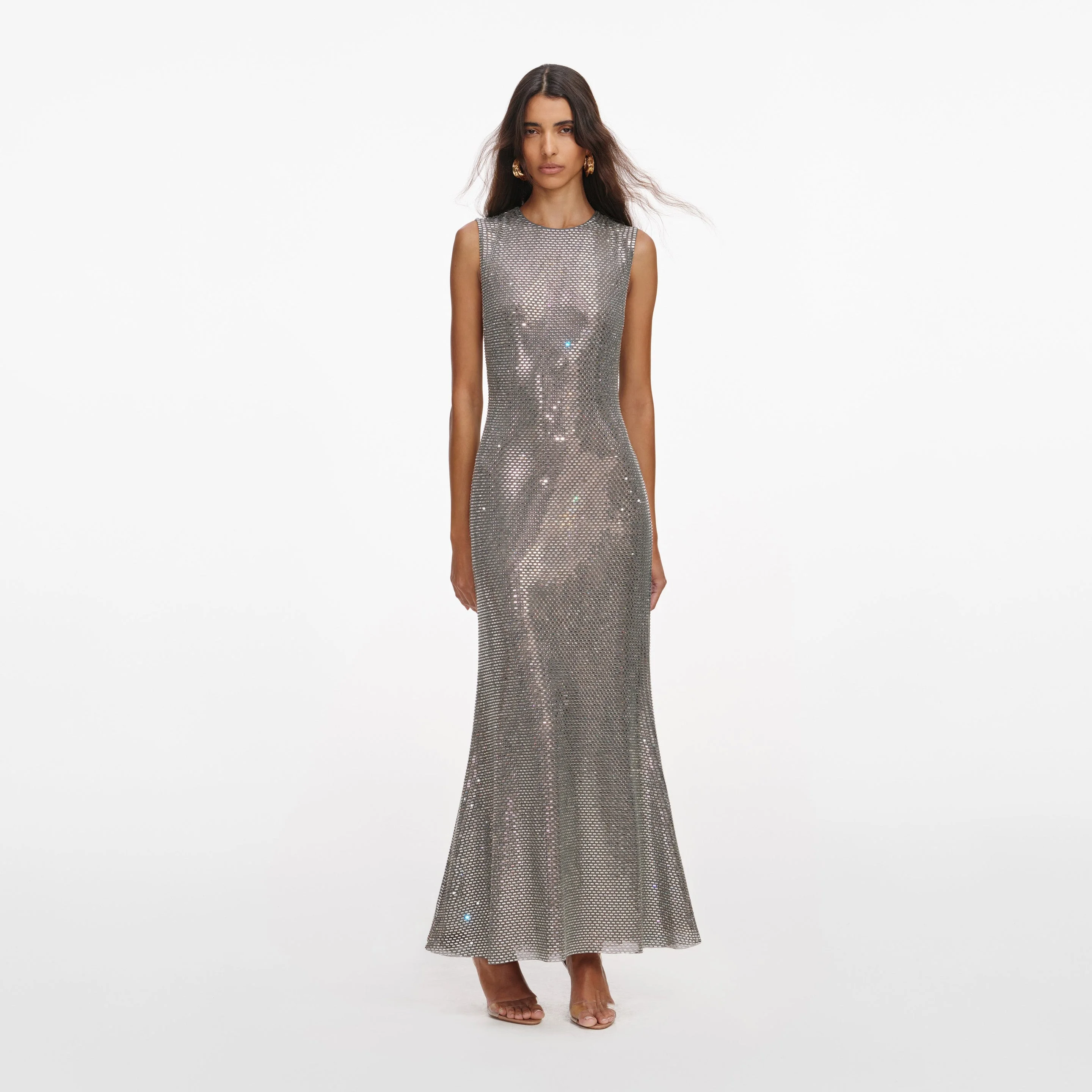 Grey Rhinestone Mesh Midi Dress - 1
