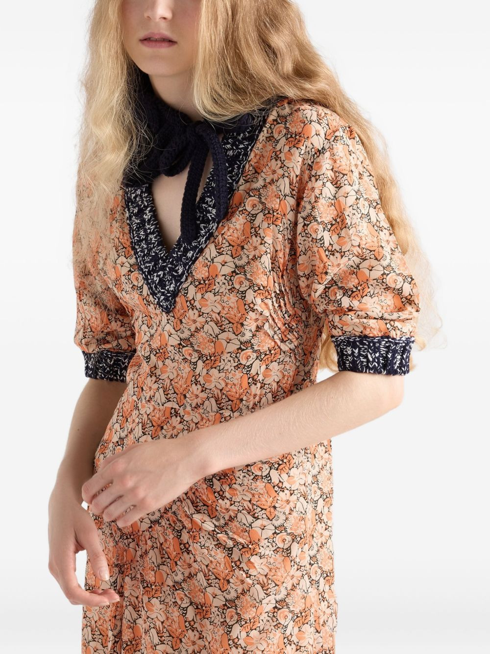 floral-print knit-trimmed midi dress - 4