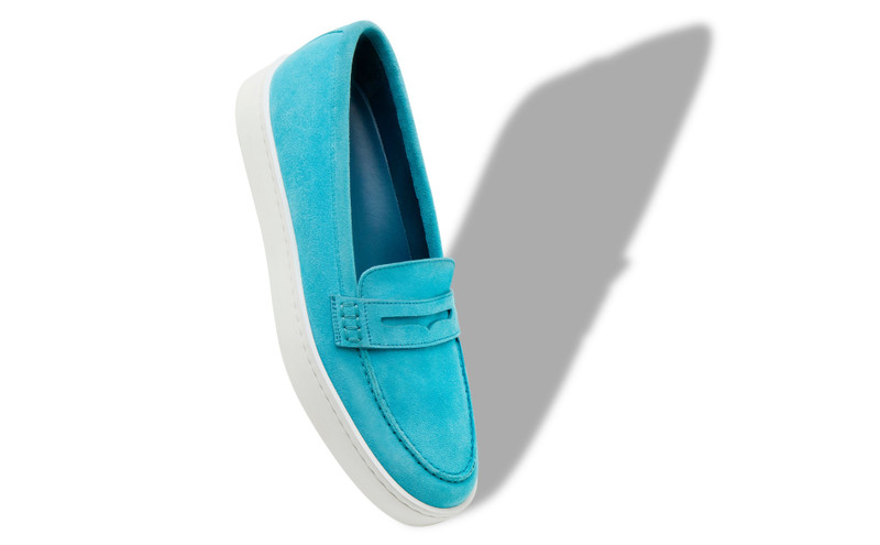 Manolo Blahnik Blue Suede Penny Loafers outlook