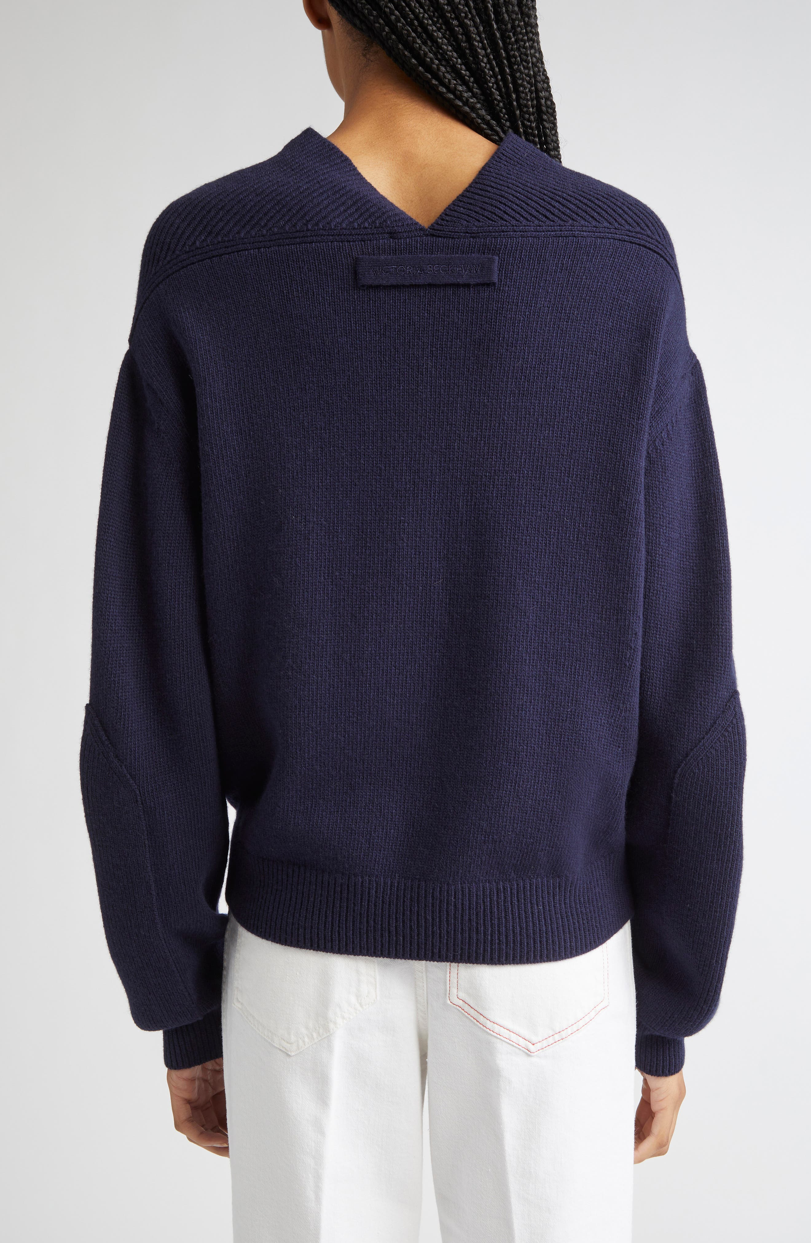 Victoria Beckham V-Neck Yoke Detail Merino Wool & Cashmere Sweater in Navy at Nordstrom - 3