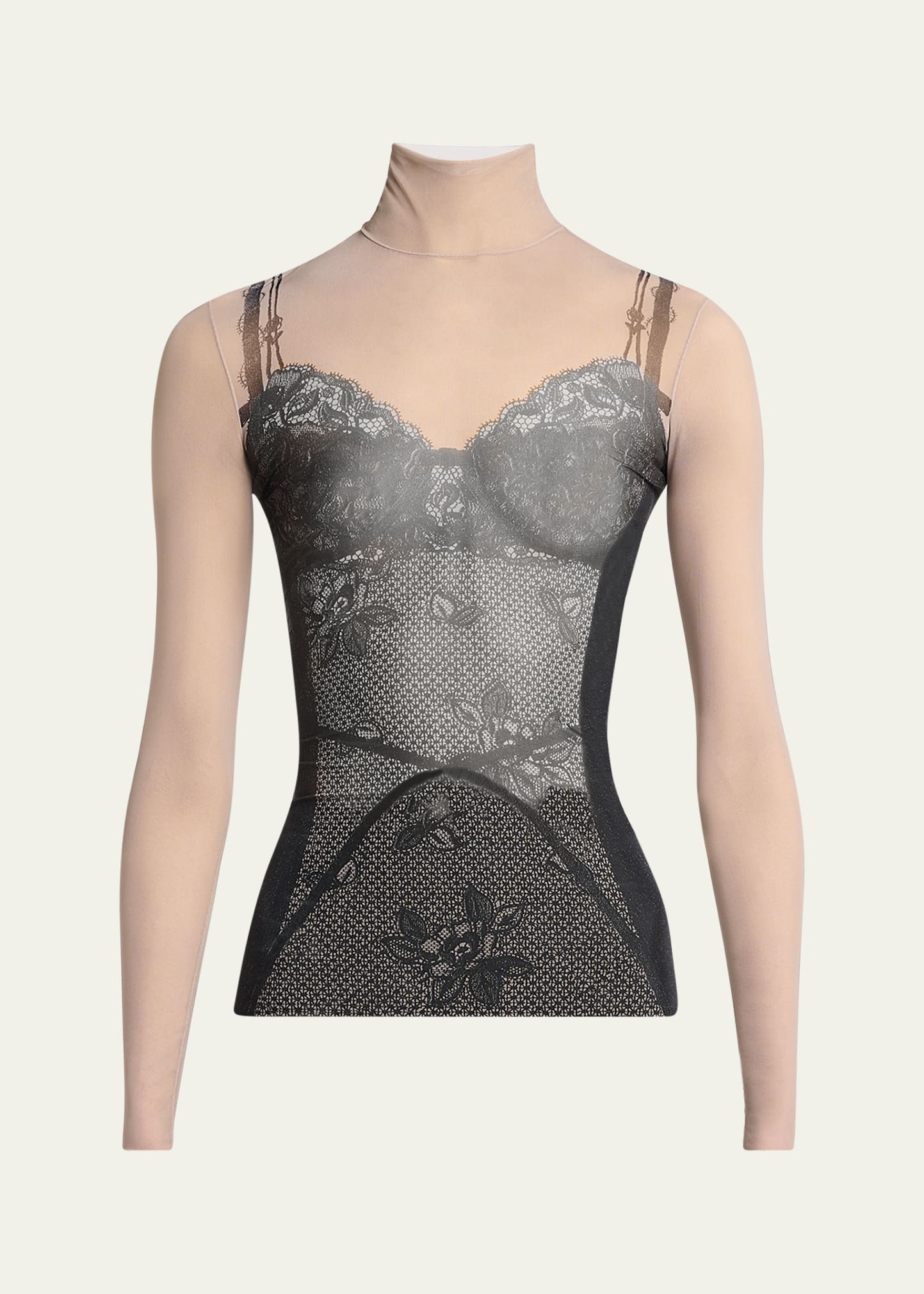 Lingerie Trompe L'oeil Mesh Turtleneck Top - 1