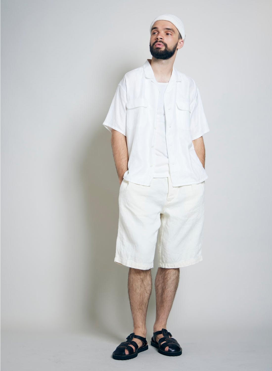 Open Collar Shirt Linen Twill in Off White - 4