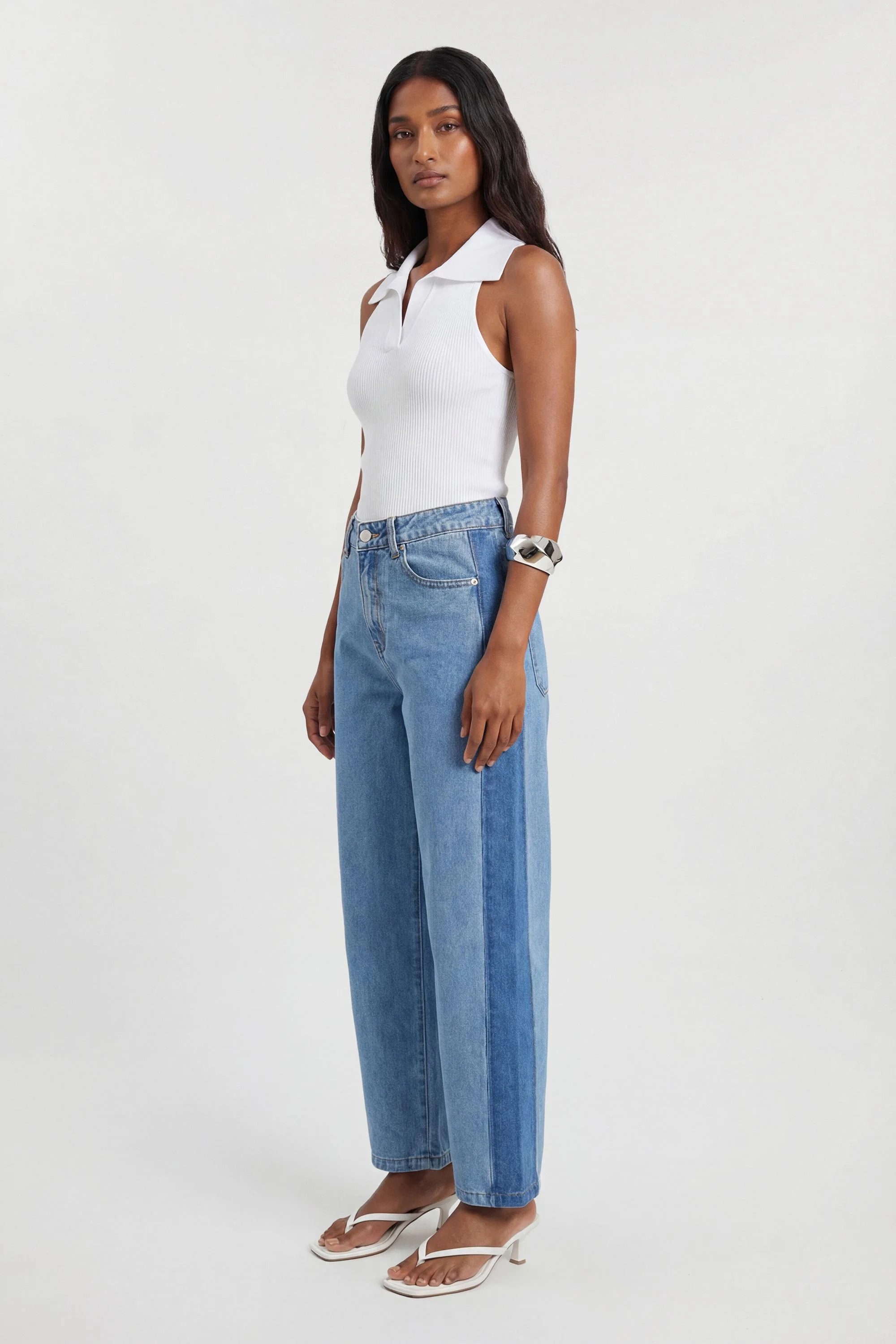 Denim Panelled Barrel Leg Jean - 1
