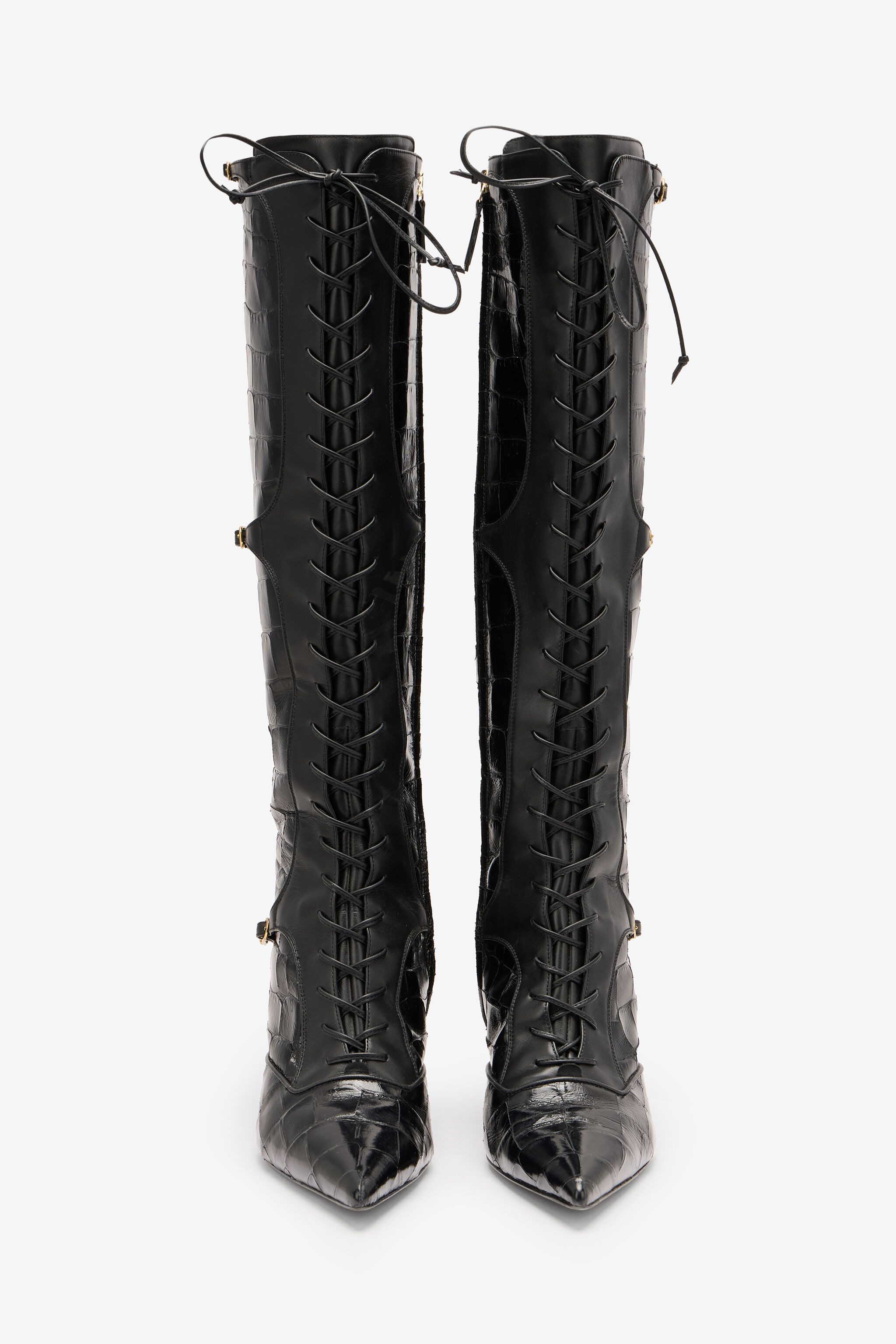 Pointed Lace-Up Boots With Crocodile Effect - 5
