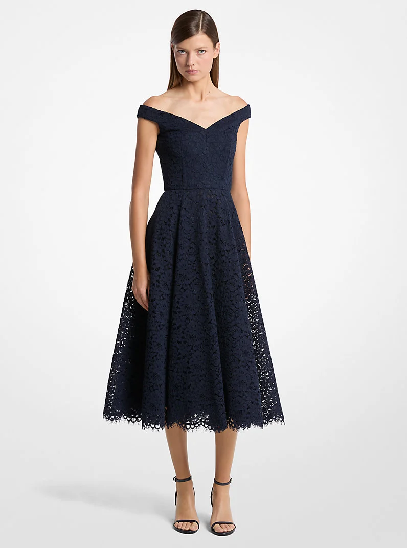 Corded Floral Lace Portrait-Neck Dress - 1