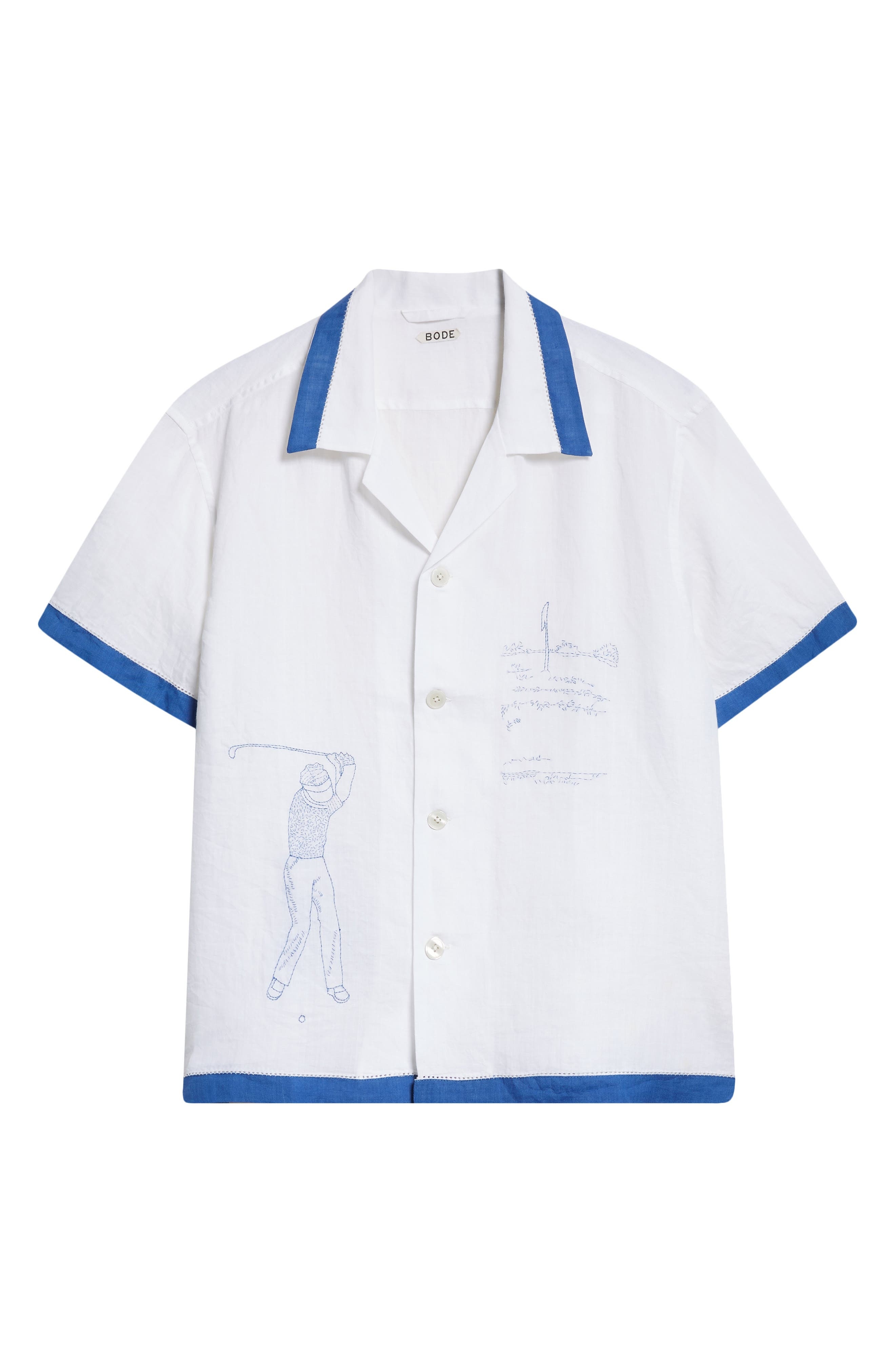 Bode Club Champion Short Sleeve Linen Camp Shirt in White/Blue at Nordstrom - 5
