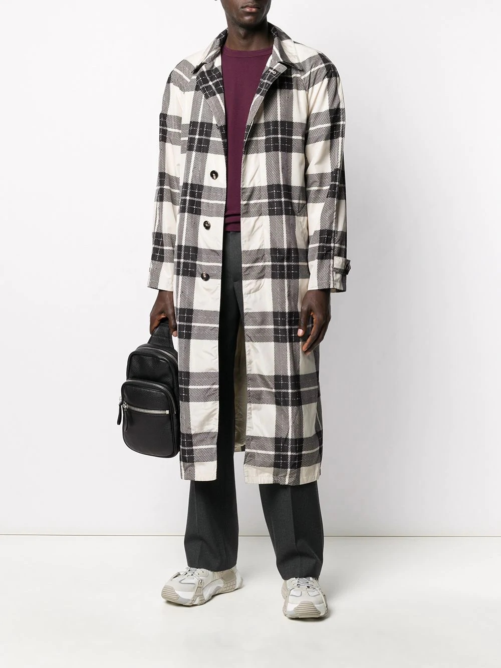 belted check-print coat - 2