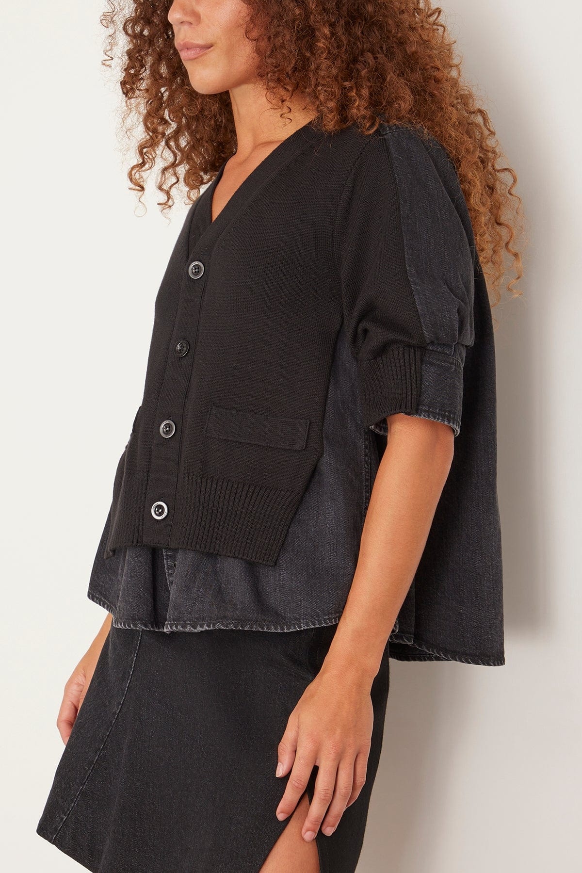 Denim x Knit Cardigan in Black - 3