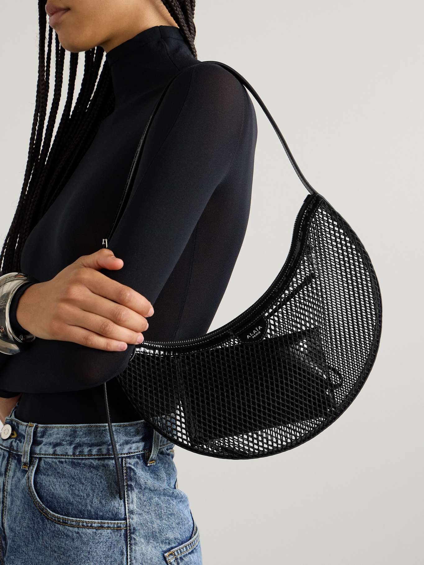 Alaïa ONE PIECE DEMI LUNE BAG IN FISHNET | REVERSIBLE