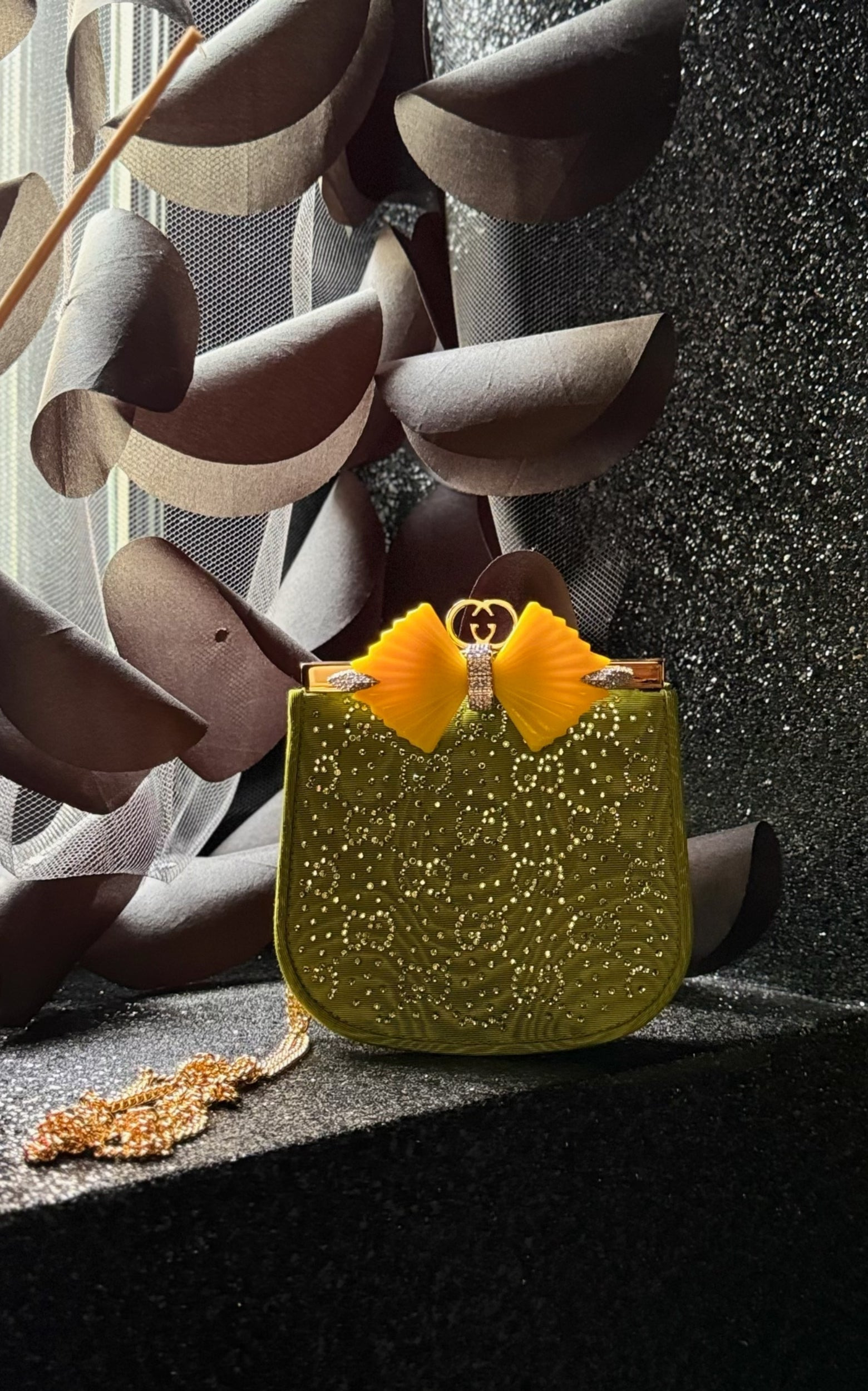GG Moire Fabric Handbag with Bow and Crystals - 5