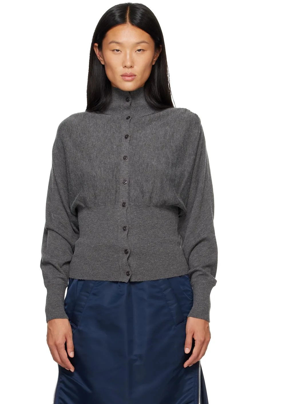 Gray Button Up Blouson Cardigan - 1