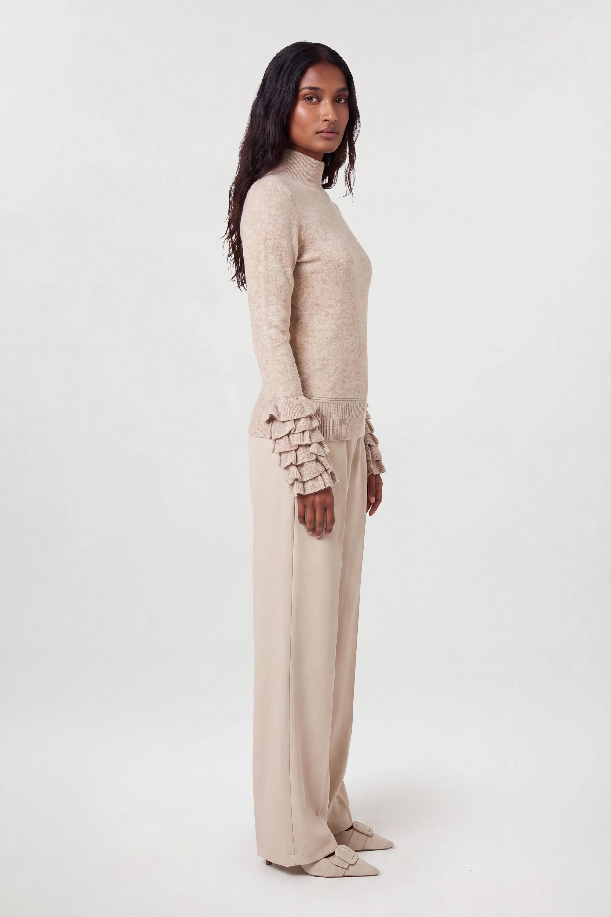 Wool Ruffle Sleeve Detail Knitted Top - 1