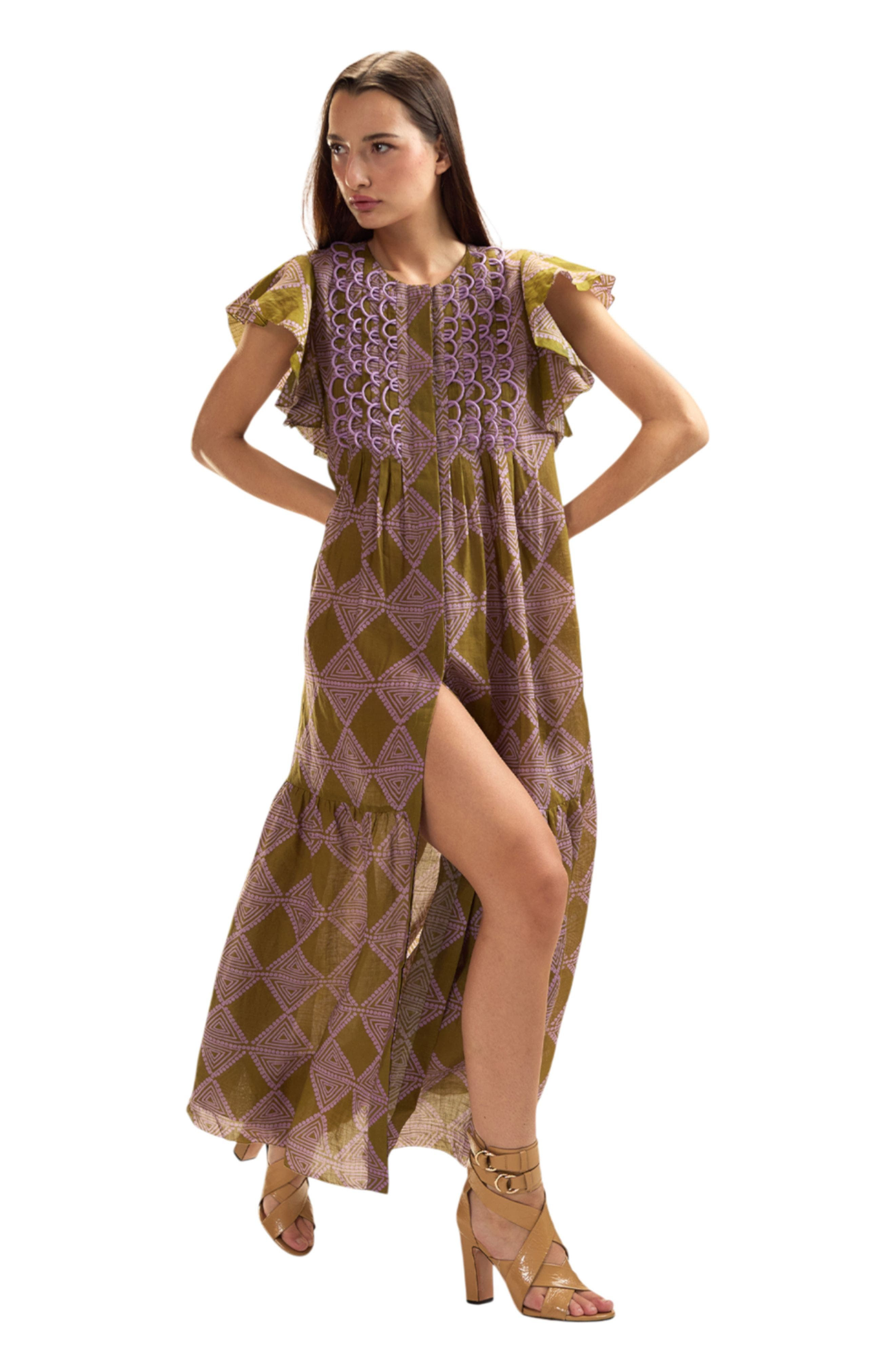Cynthia Rowley Ramie Midi Pintuck Kaftan in Amber Green/lavender at Nordstrom - 1