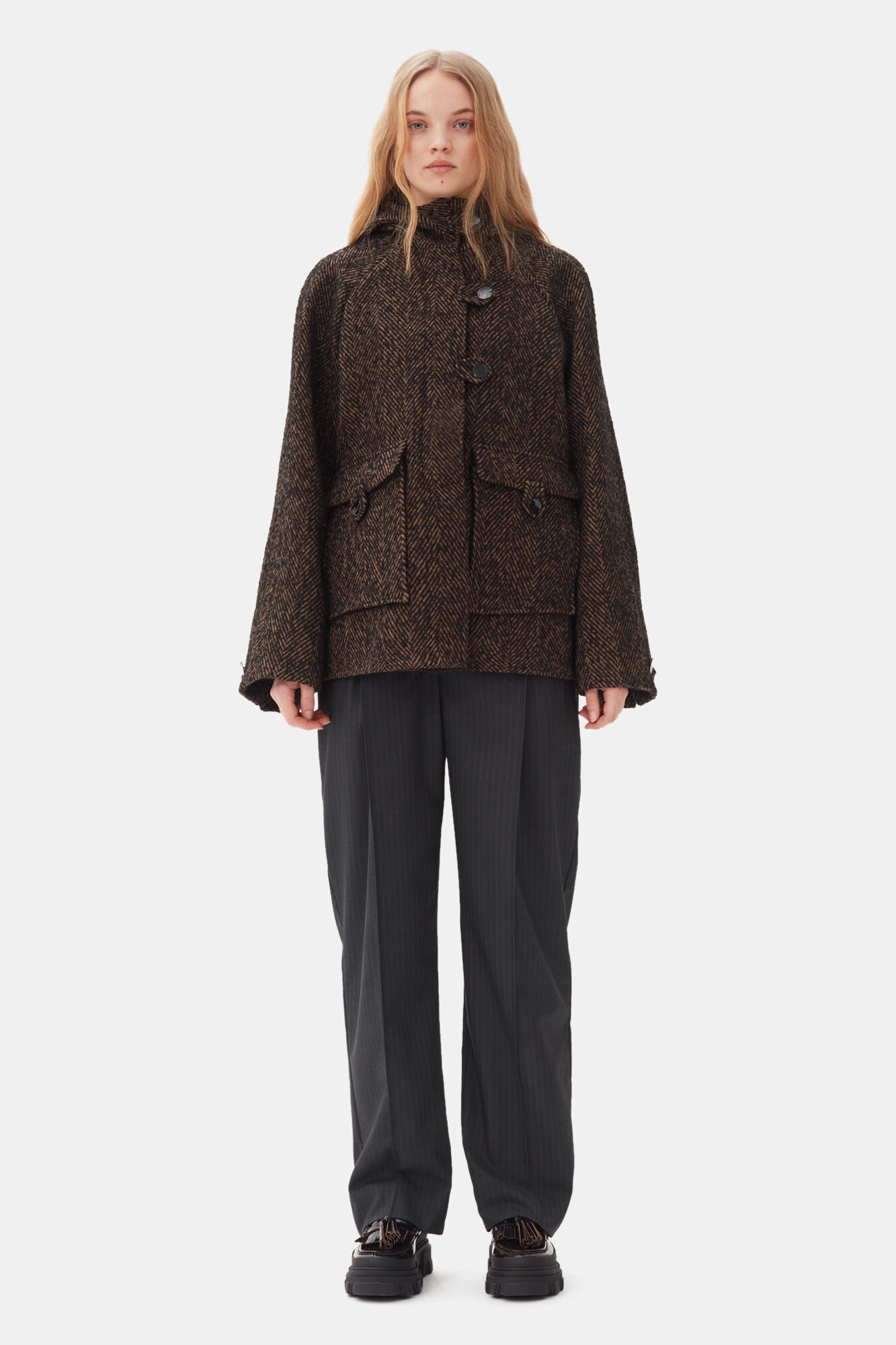 GANNI HERRINGBONE WOOL MIDI JACKET | REVERSIBLE