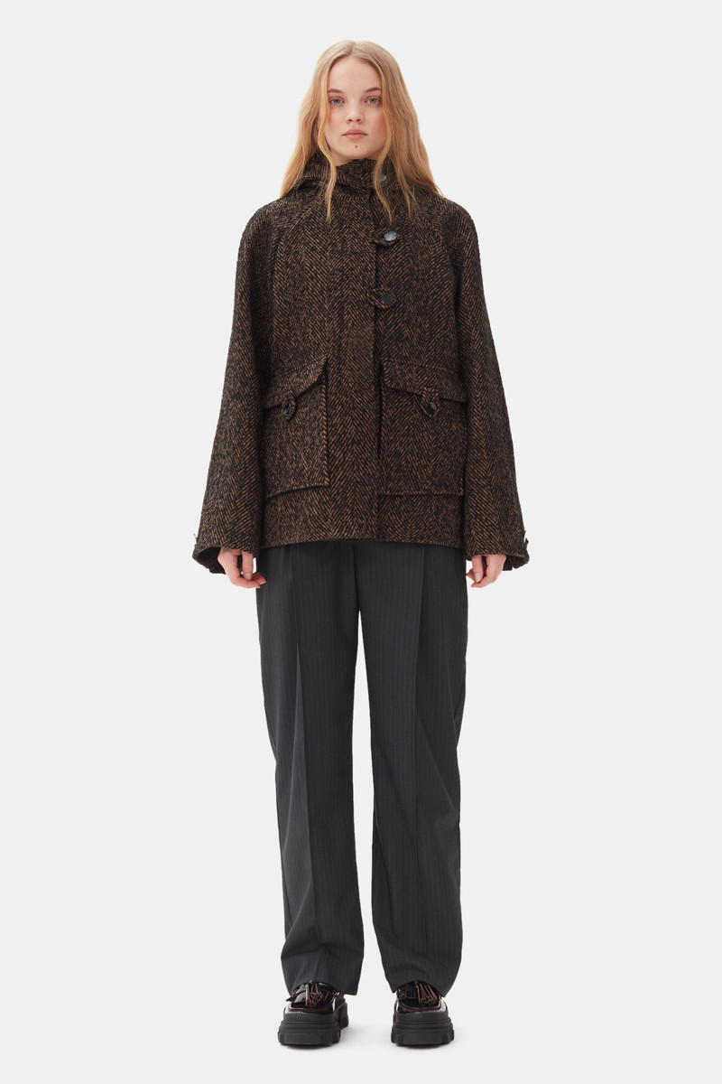 GANNI HERRINGBONE WOOL MIDI JACKET - F9548 | REVERSIBLE