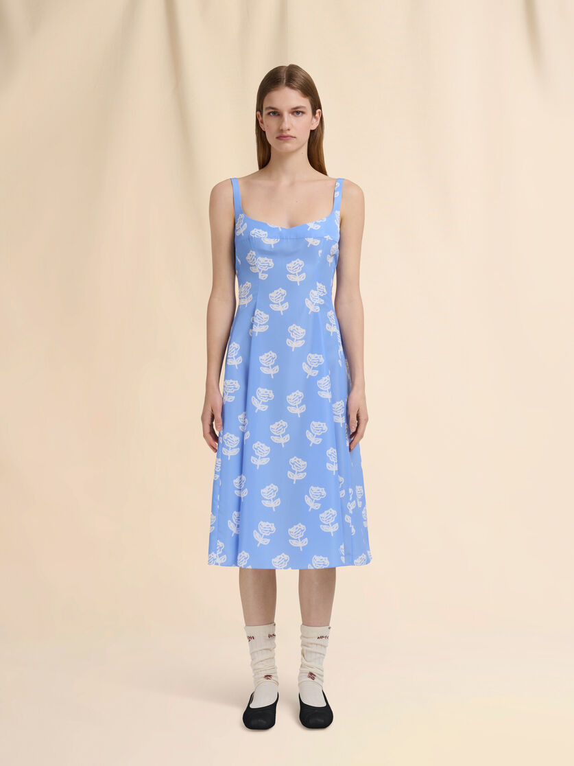 LIGHT BLUE POPLIN FLARED DRESS WITH SPRAYED ROSES PRINT - 2