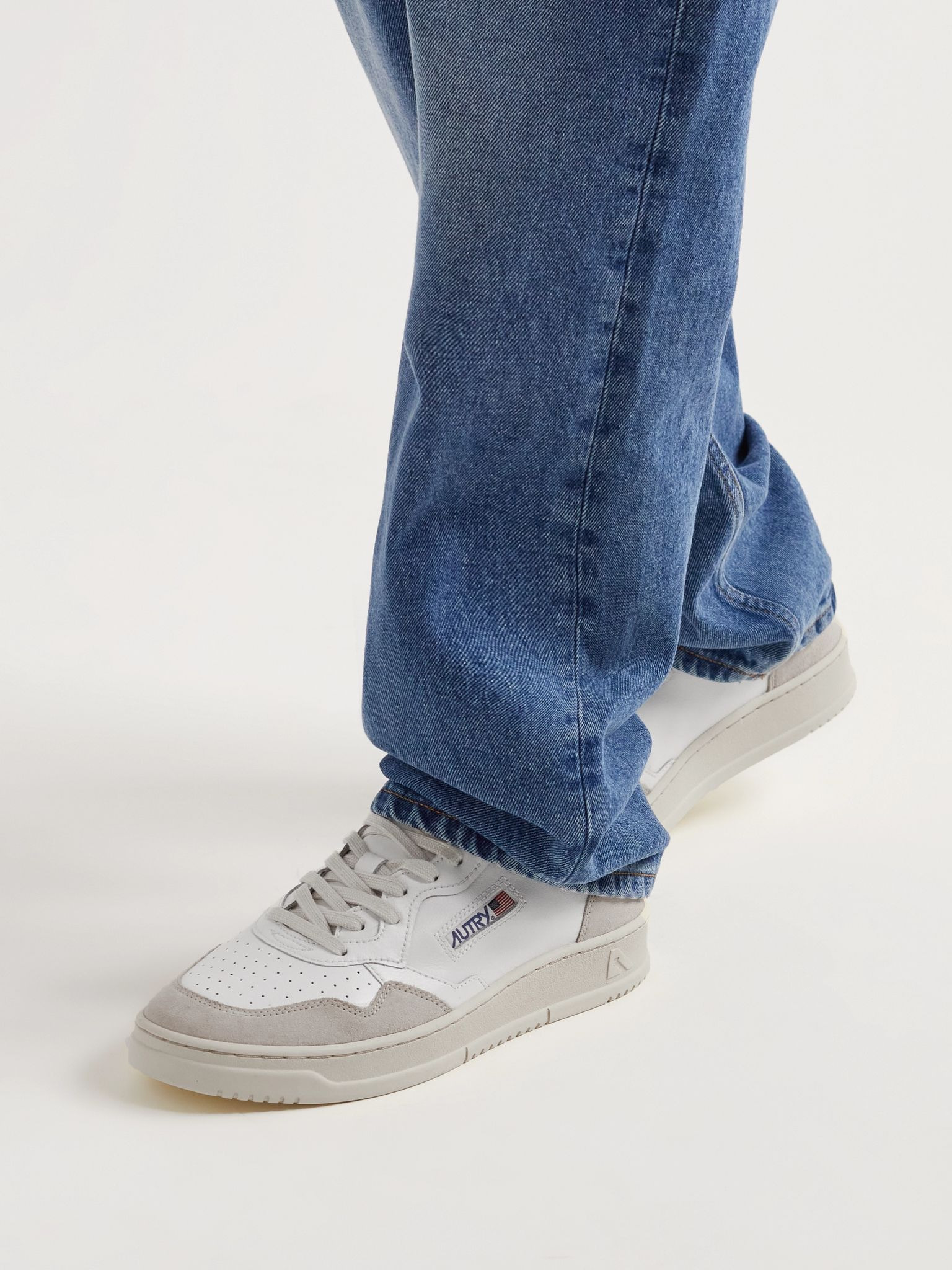 Suede-Trimmed Perforated Leather Sneakers Beige - 3