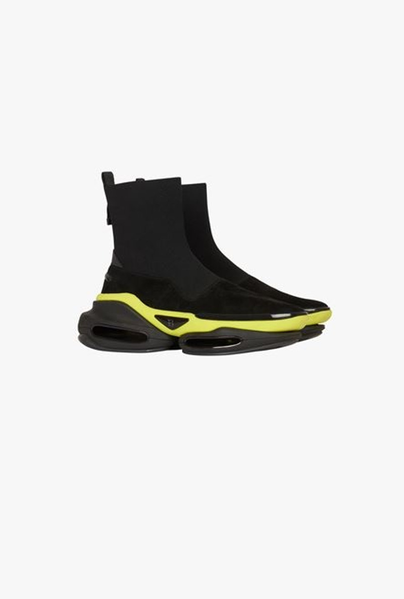 Balmain Black and yellow suede and knit B-Bold high-top sneakers with straps outlook