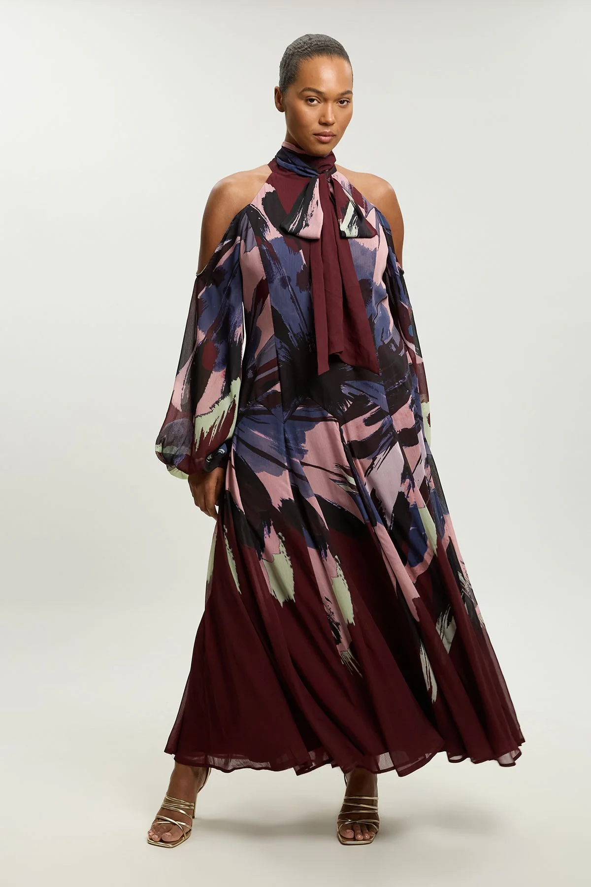 Plus Size Photographic Floral Crinkle Georgette High Neck Cold Shoulder Woven Maxi Dress - 1