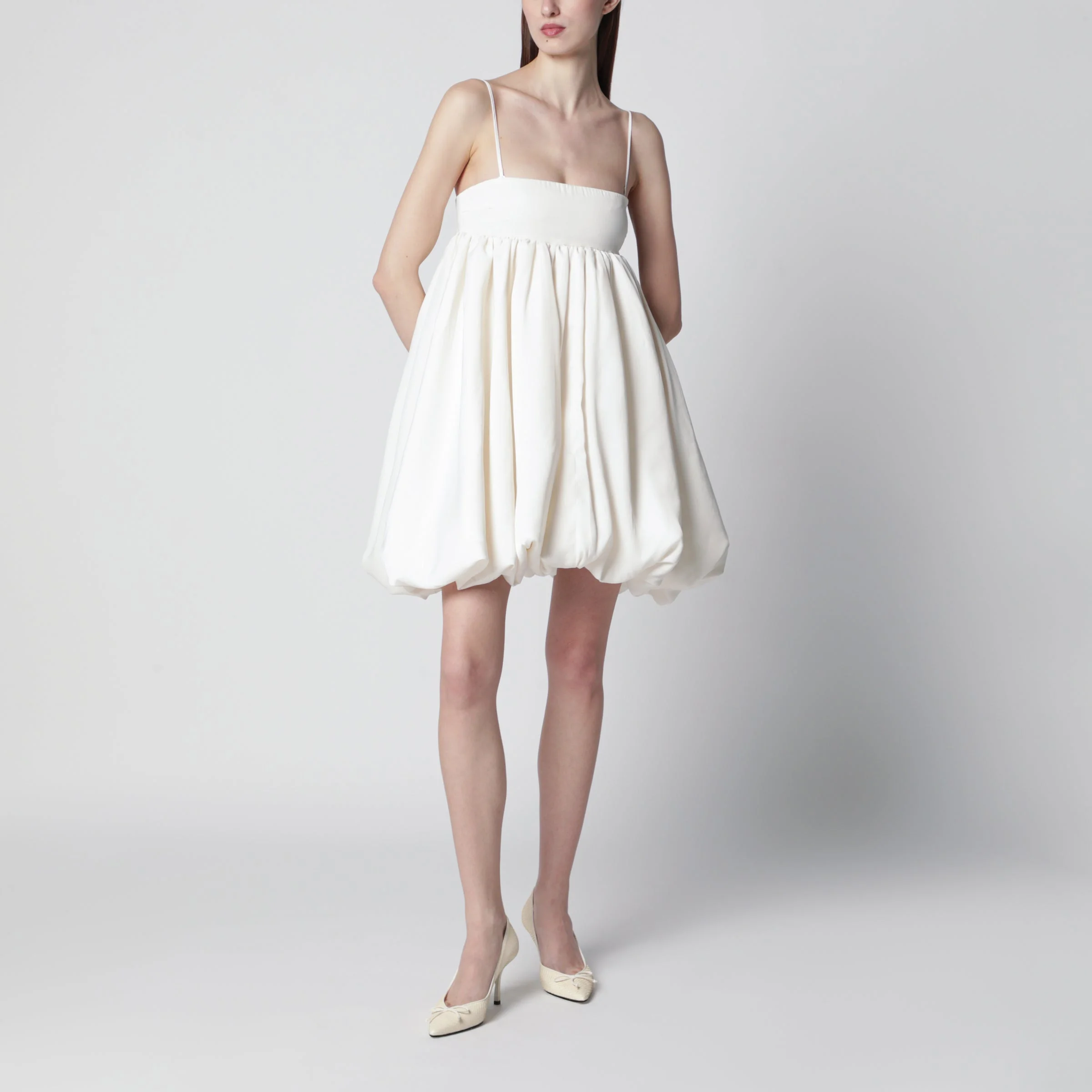 Strapless balloon mini dress in satin, egret - 1