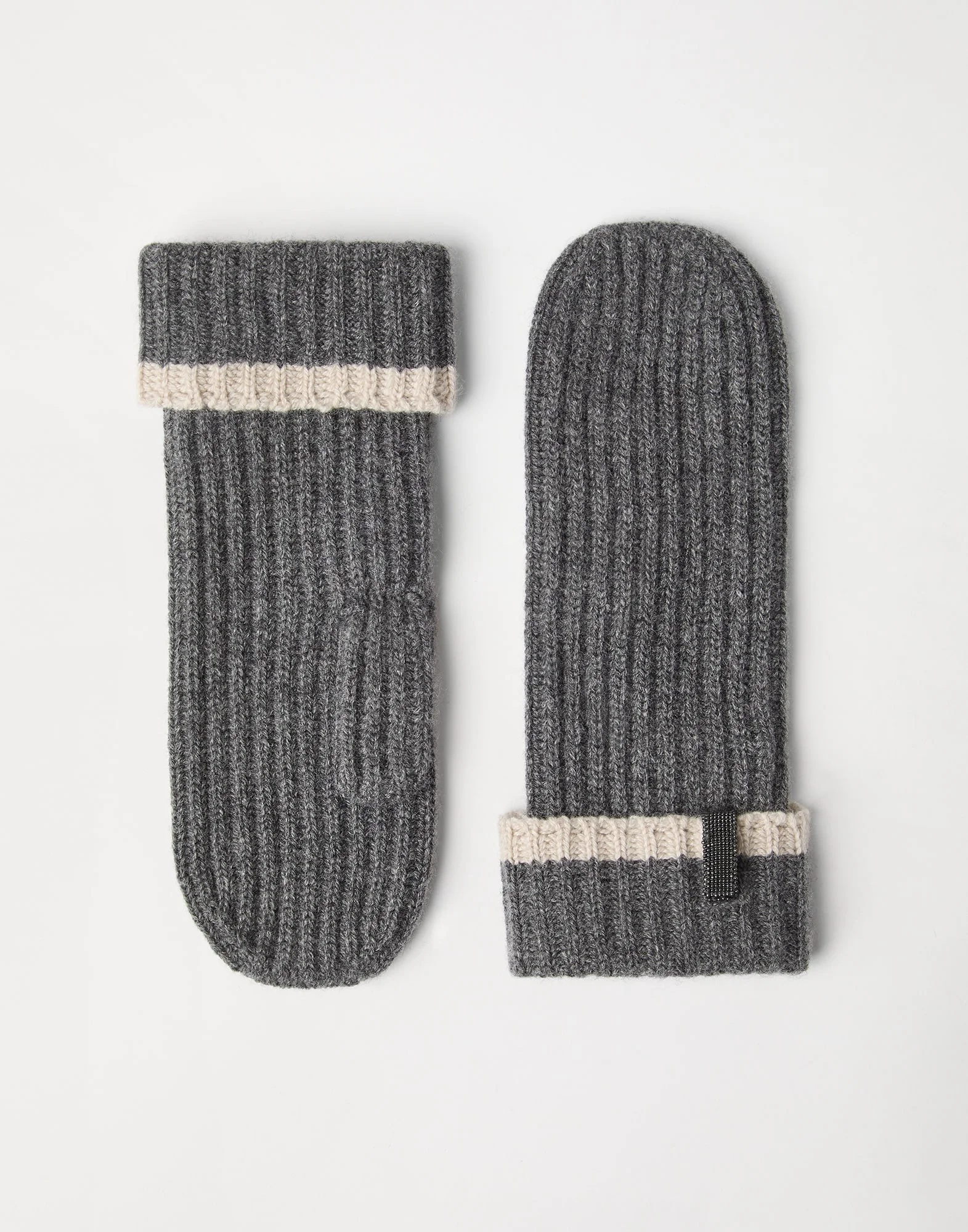 Cashmere English rib knit mittens with monili - 1