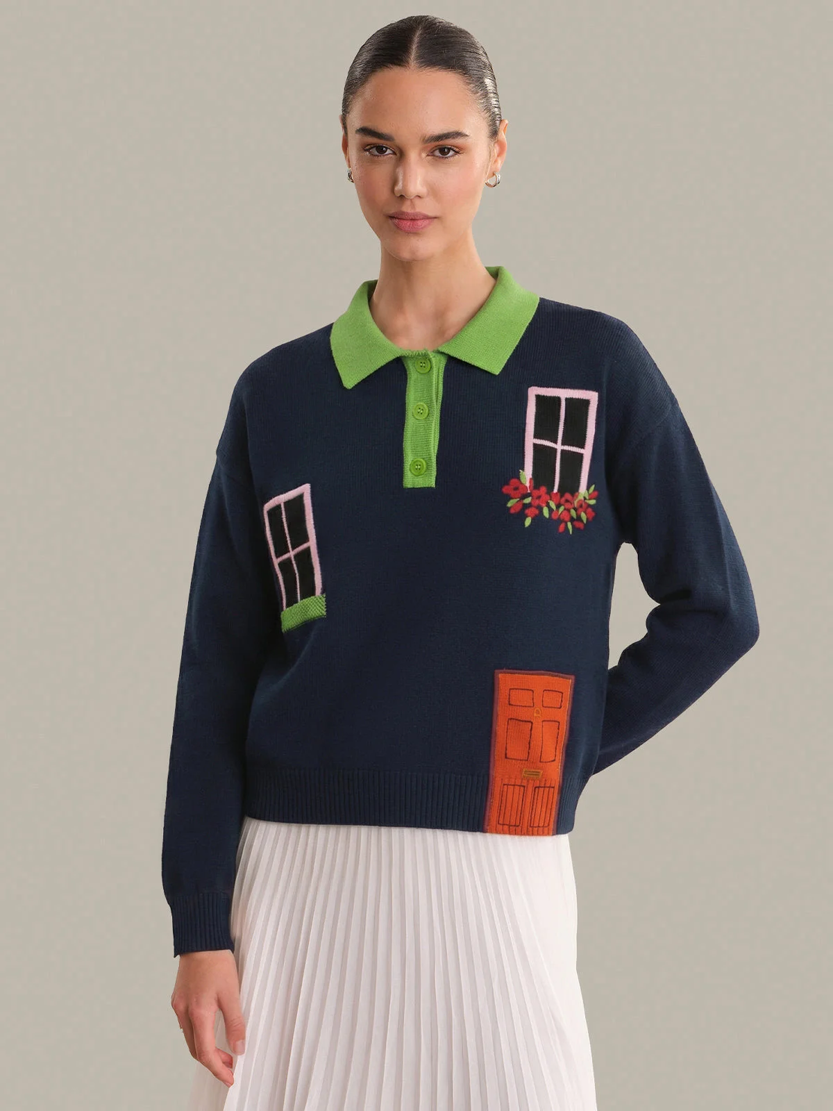 Pippa: House Intarsia Cotton Polo Sweater - 1