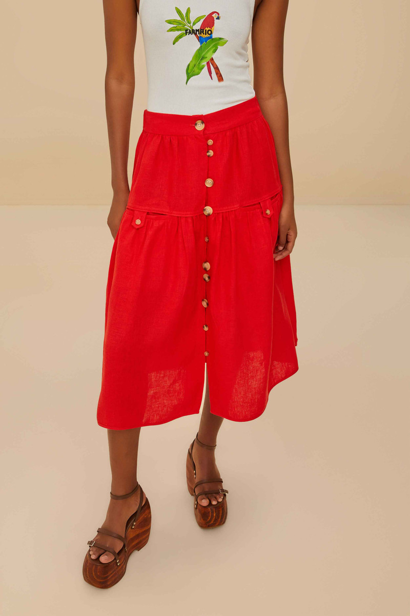 FARM RIO Red Mixed Buttons Euroflax™ Premium Linen Midi Skirt outlook