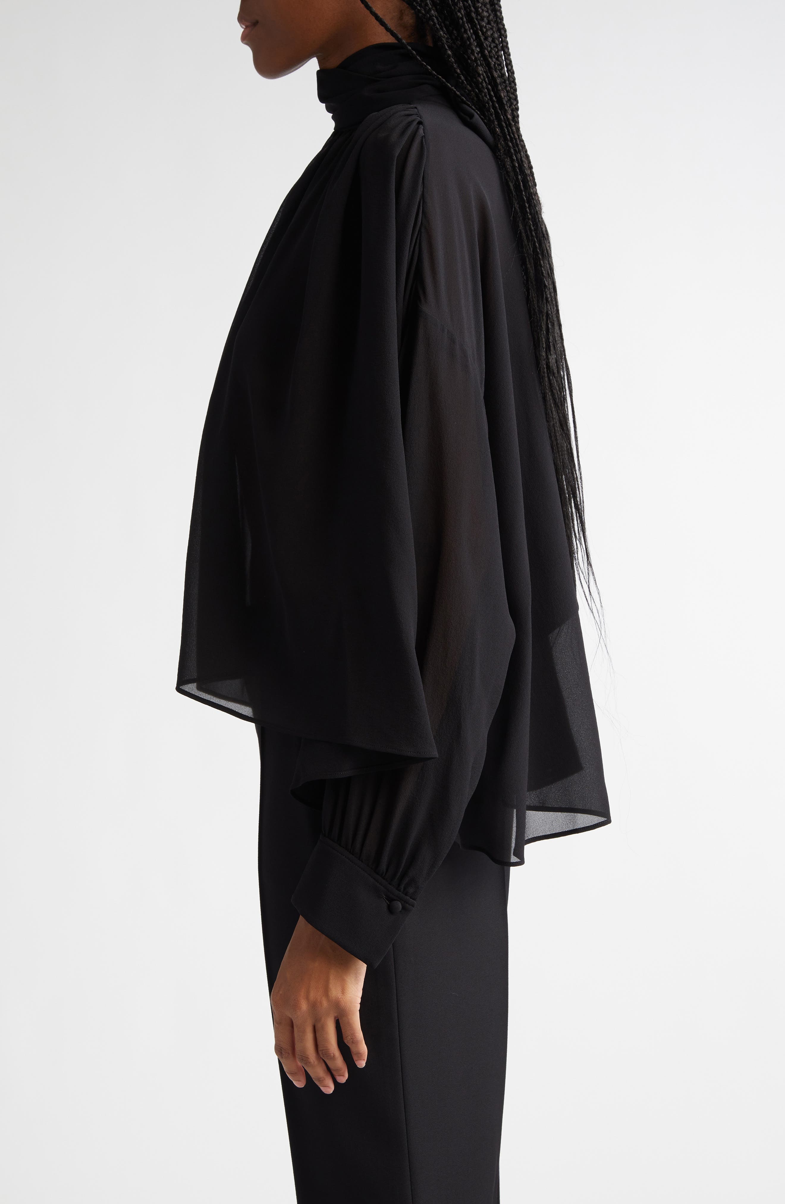 Chloé Draped Semisheer Silk Georgette Tie Neck Top in Black at Nordstrom - 4
