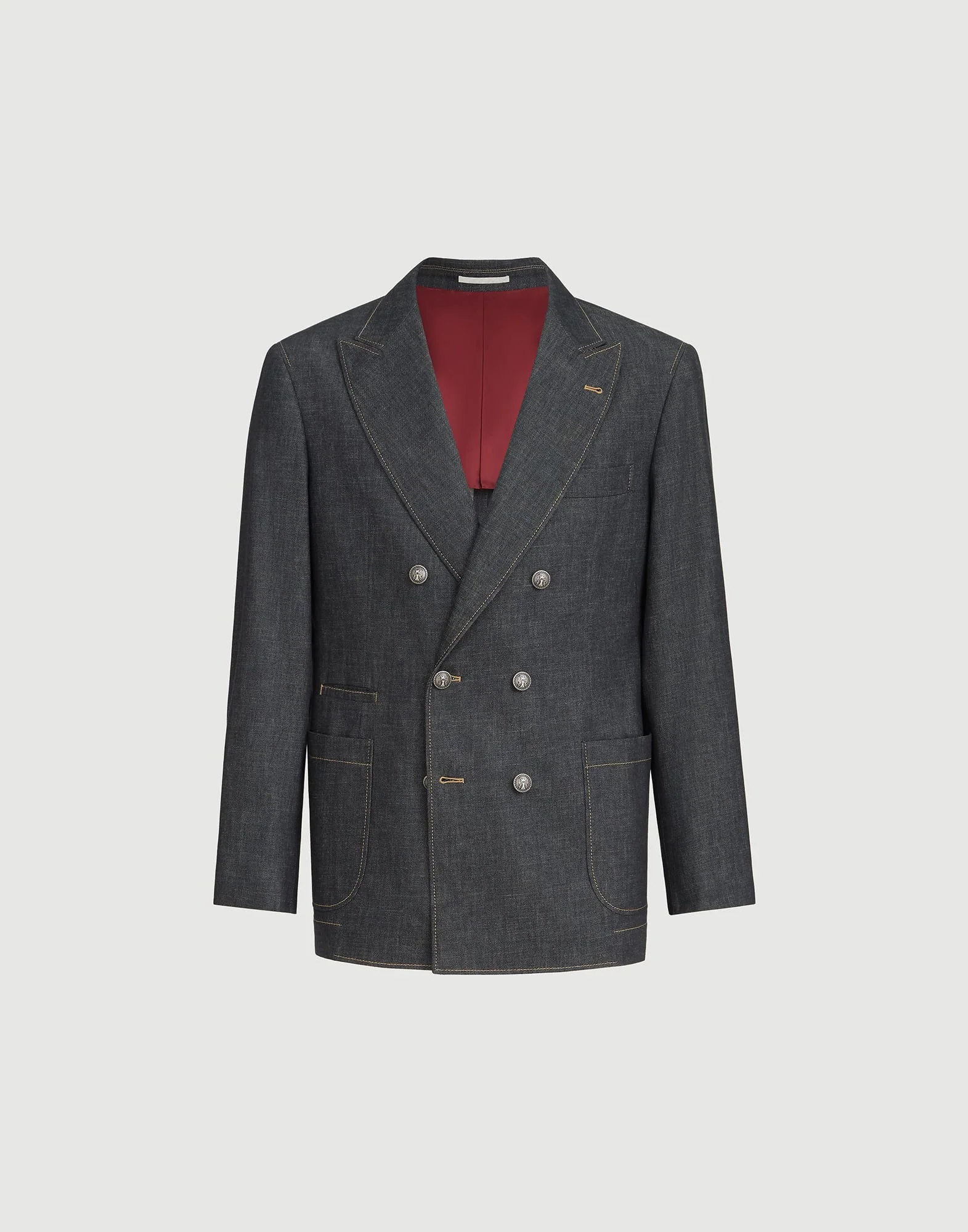 No-fade lightweight denim one-and-a-half breasted deconstructed blazer with patch pockets and metal - 1