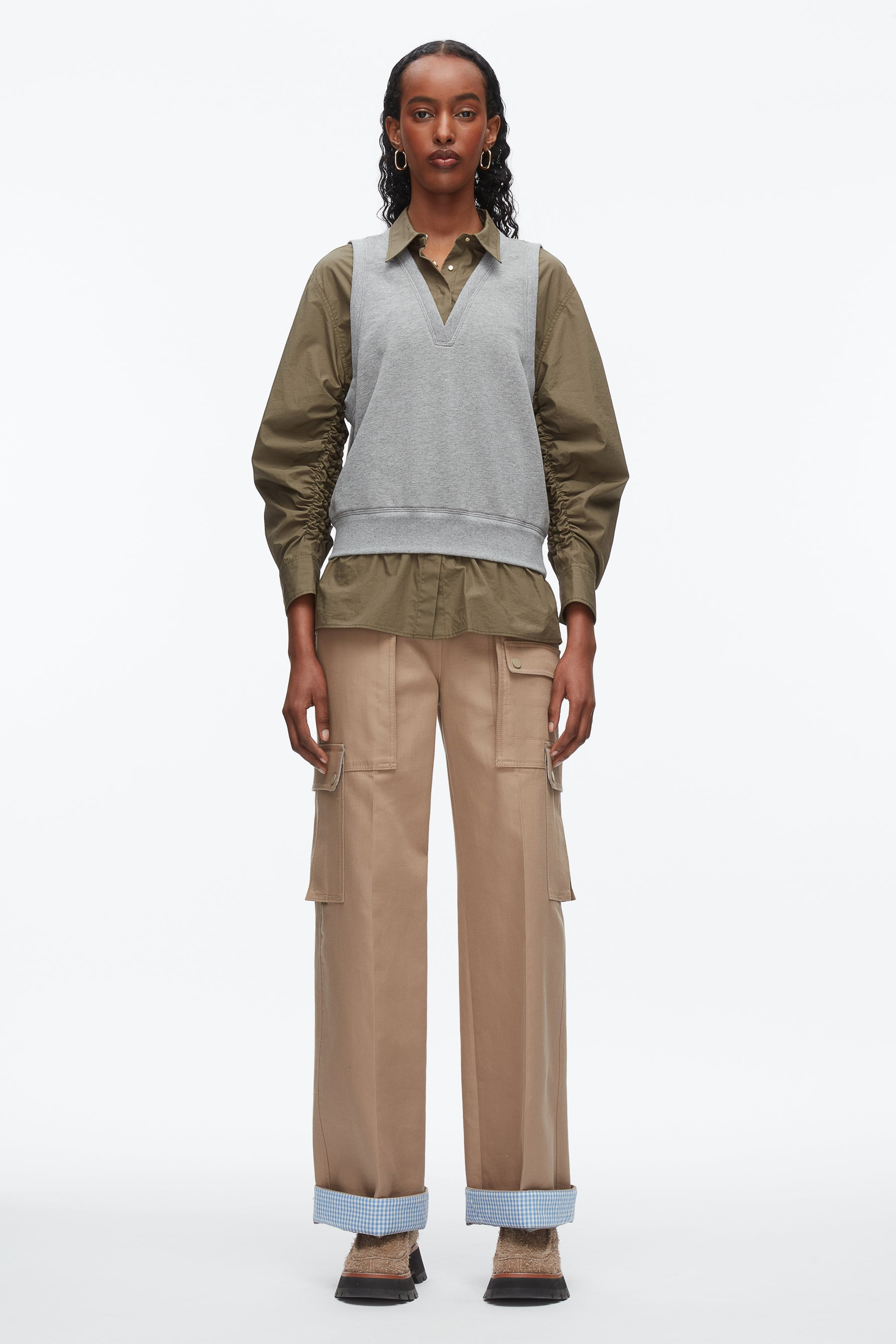 Layered Vest Ruched Sleeve Shirt - 2